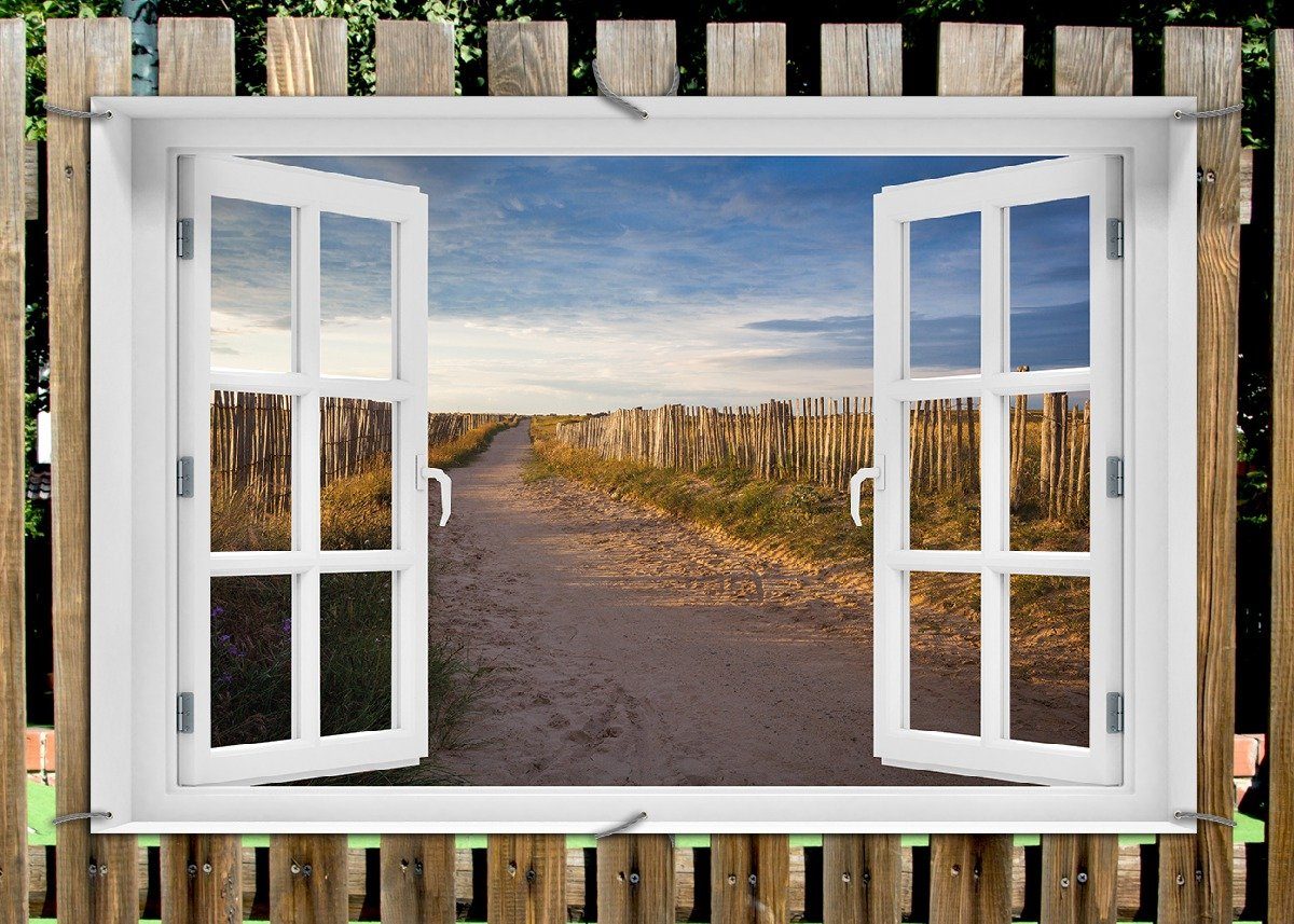 Thumbnail - Wallario Sichtschutzzaunmatten Sandweg an einem Strand in Frankreich, Bretagne, mit Fenster-Illusion