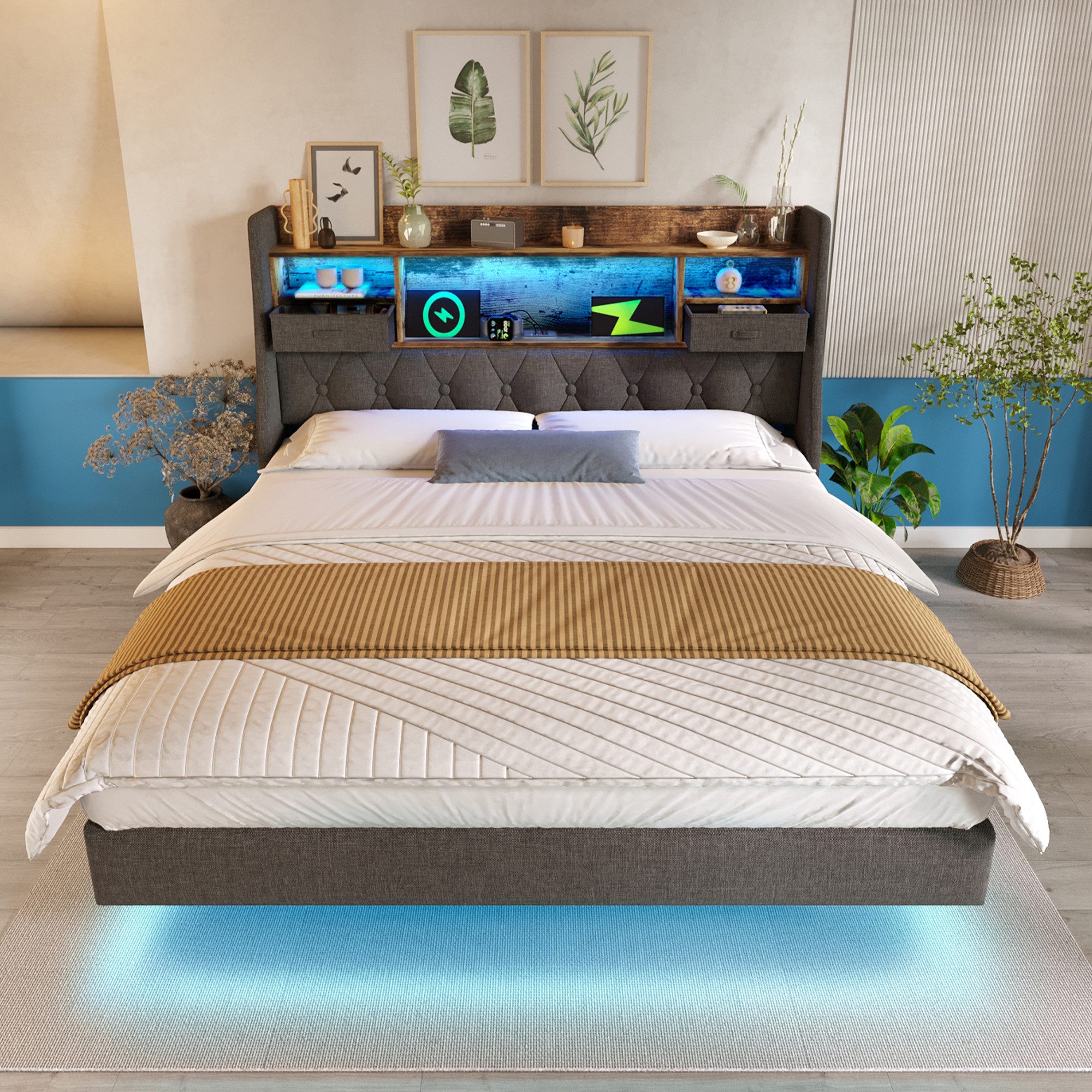 STILVORA Polsterbett 140x200 mit Schwebebett,Jugendbett Bettgestell mit LED günstig online kaufen