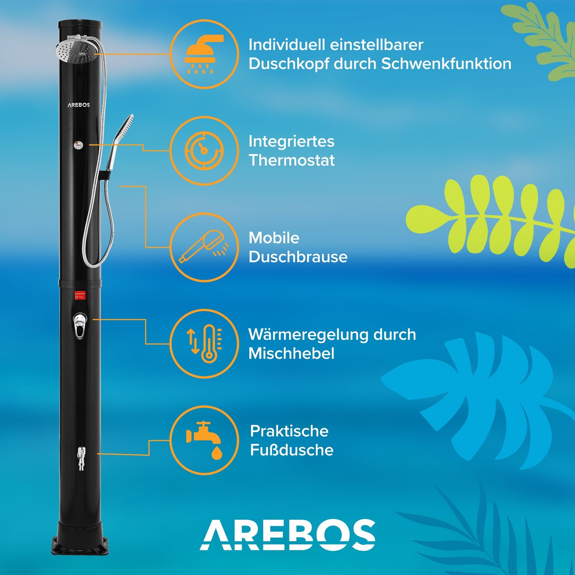 Arebos Solardusche 40 L, inkl. Abdeckhaube, mit integriertem Thermometer (Schwarz, Stück)