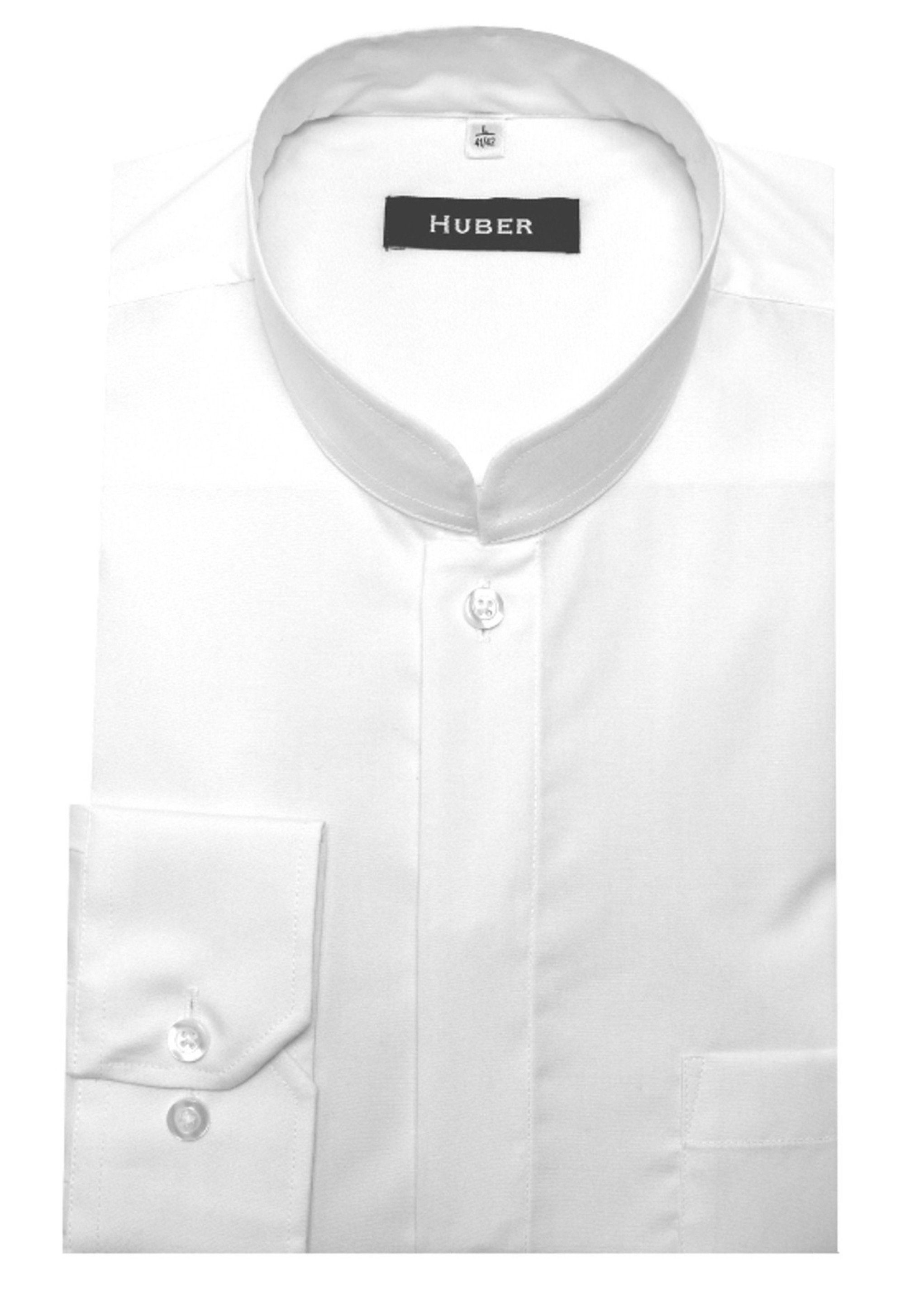 weiß EU Hemden Stehkragen, Regular Langarmhemd HU-0071 Fit-gerader Mandarin in Schnitt, Asia Huber Made
