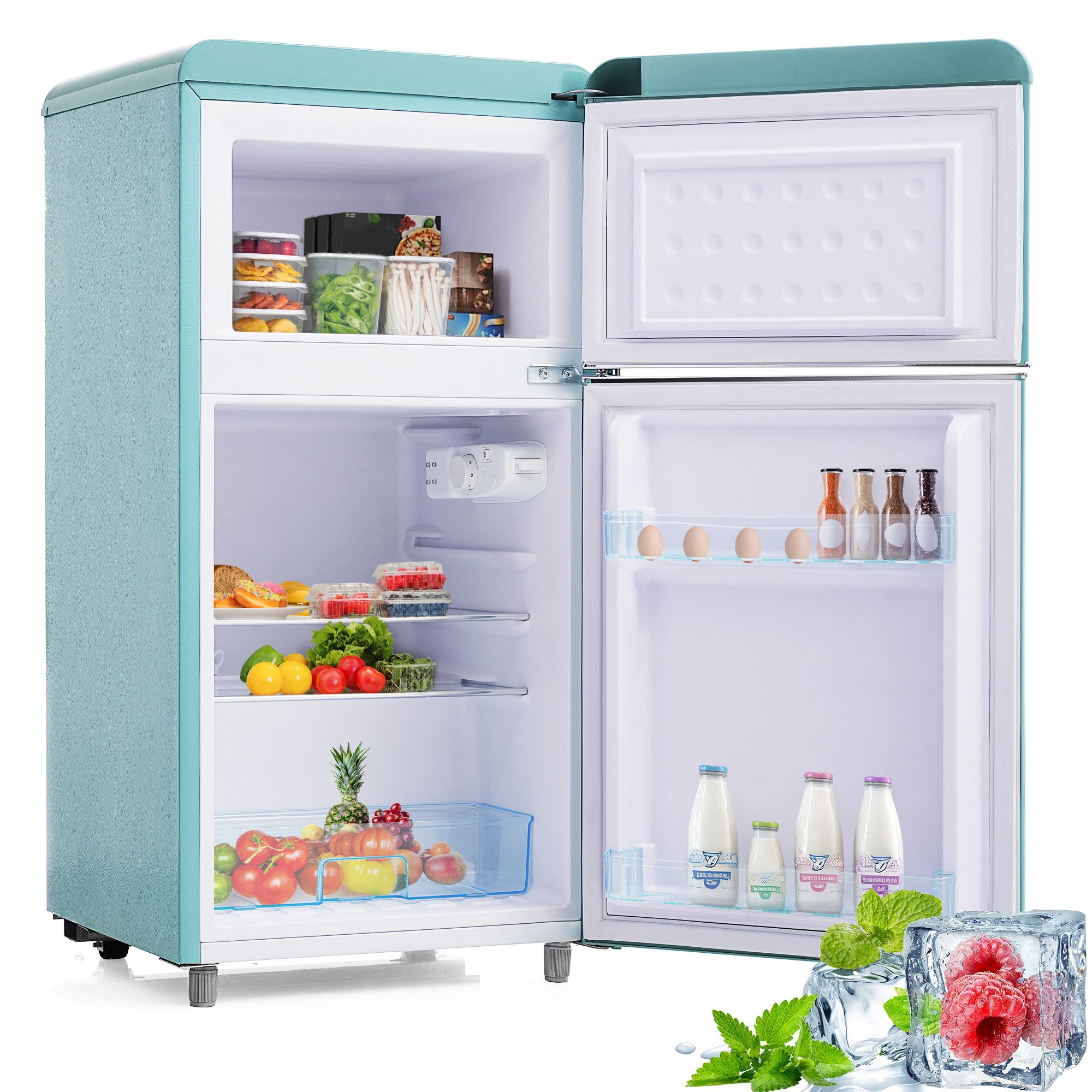 Blossom Kühl-/Gefrierkombination BCD-100C, 89 cm hoch, 45 cm breit, Retro Kühlschrank mit LED-Beleuchtung 21 L Gefrierfach Energieklasse E