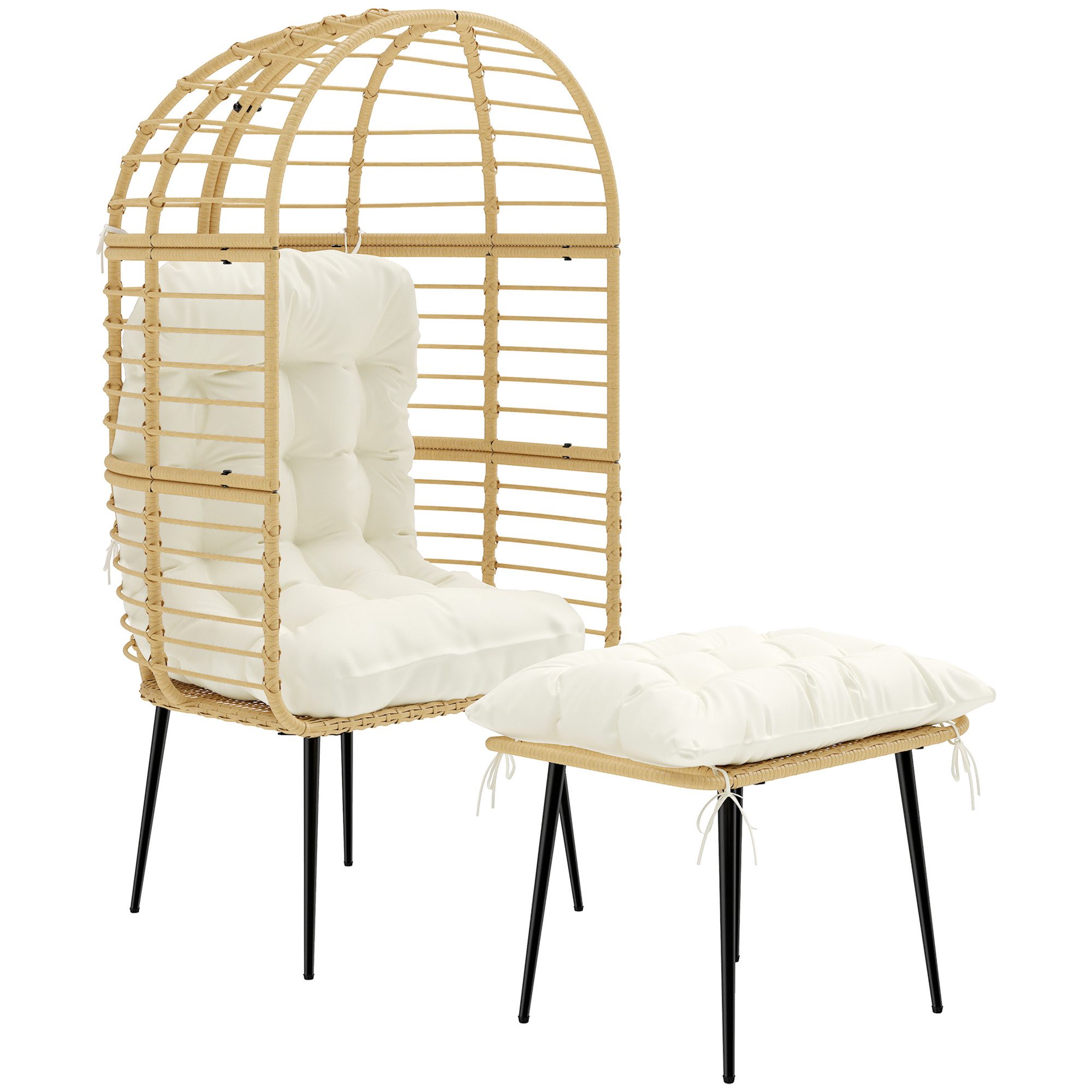 Outsunny Rattanstuhl Hocker Korbsessel mit langen & dicken Kissen Metallrahmen (Gartensessel, 2 St), für Wohnzimmer Garten Balkon Terrasse Beige