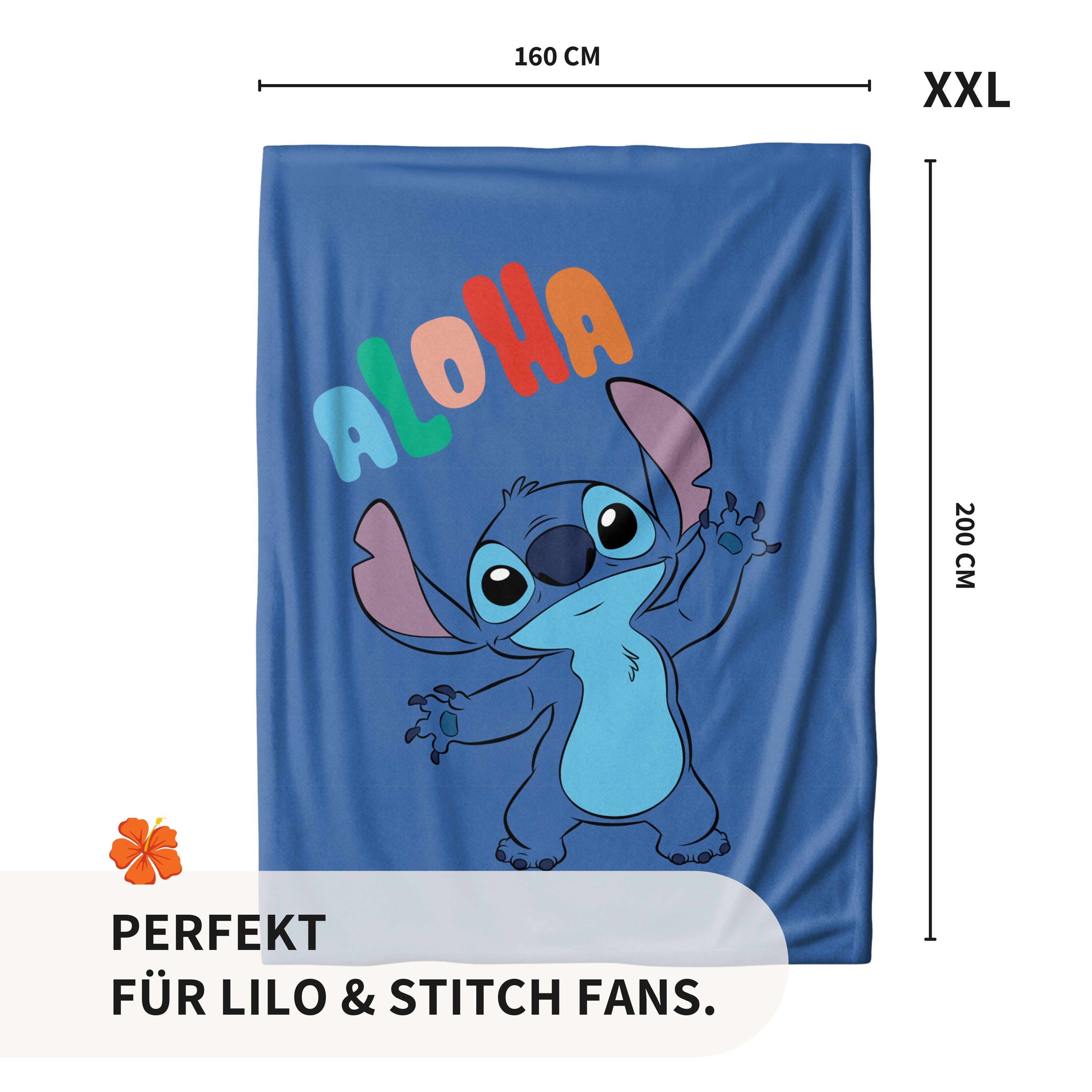 Wohndecke 160x200 cm Disney Lilo & Stitch „Aloha“, MTOnlinehandel, Coral-Fleece, kuschelweich mit farbenfrohem Stitch-Design