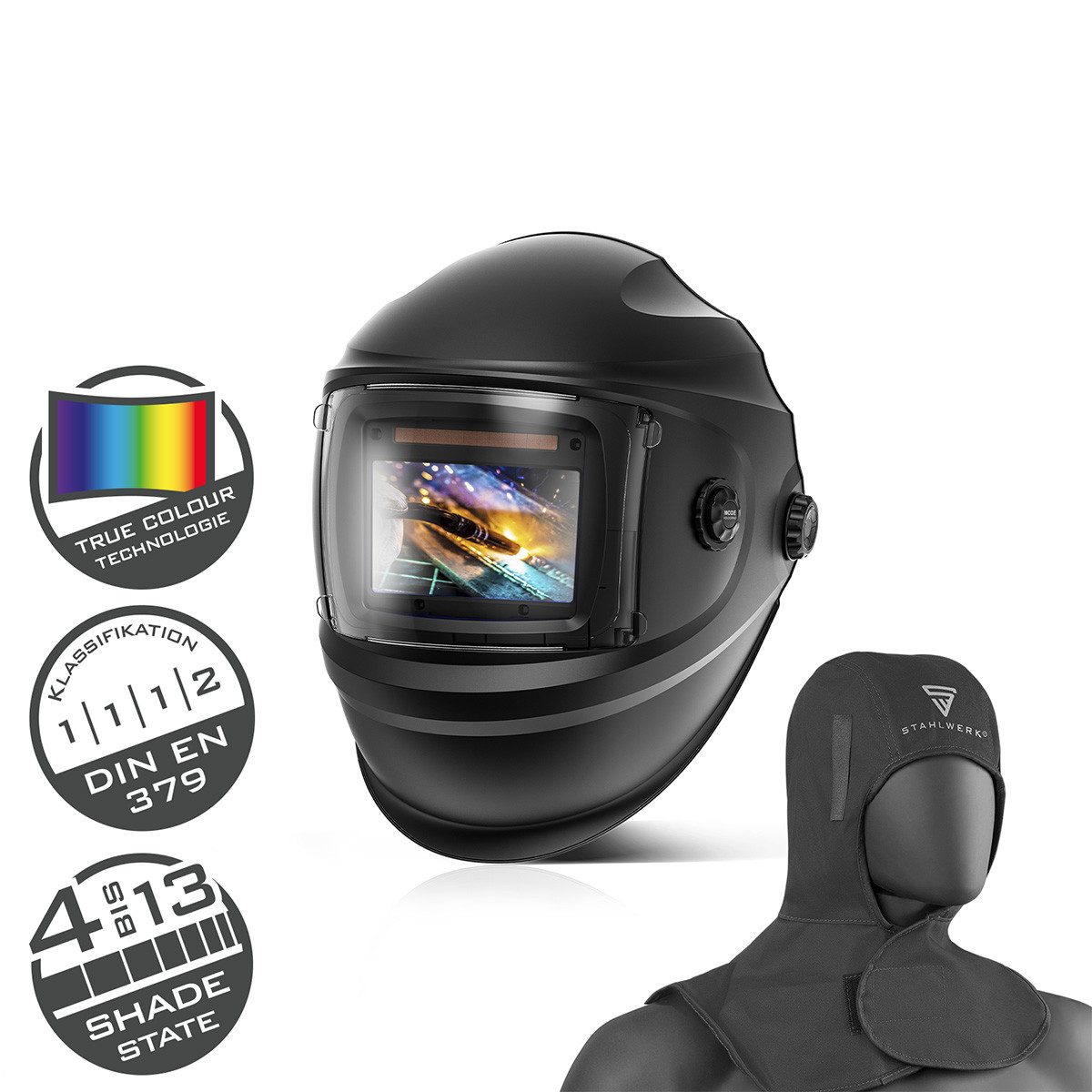 STAHLWERK Schweißhelm Automatik Schweißhelm BULLET 1/1/1/2 Schweißschild mit Schweißhaube (Set, 1-tlg., Set), True-Colour-Echtfarbwiedergabe