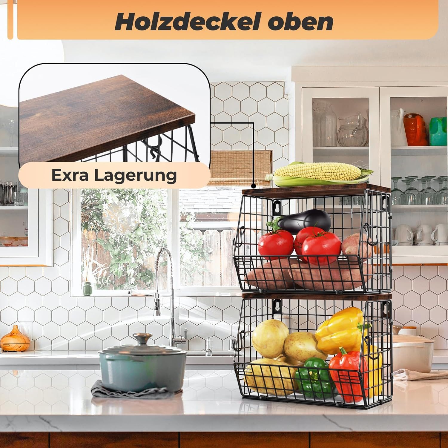 BlingBin Hängekorb Hängender Obstkorb mit Holzdeckel, Wandkorb Küchenorgani günstig online kaufen