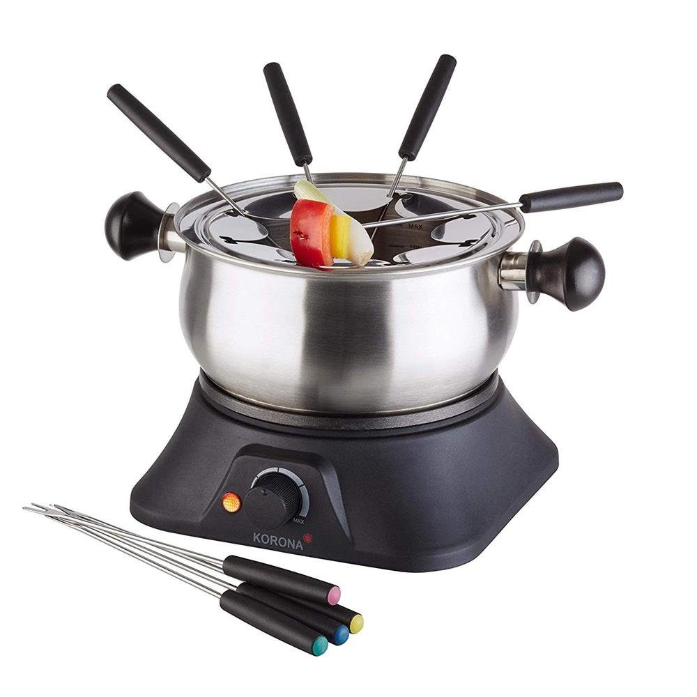 KORONA Fondue Fondue 42010, 8 Fonduegabeln, 1.3 l, Edelstahl / Schwarz, 1400 Watt, 8 Personen / Gabeln (farbig), Temperaturregler, Spritschutz Deckel, Party-Set, Edelstahltopf abnehmbar