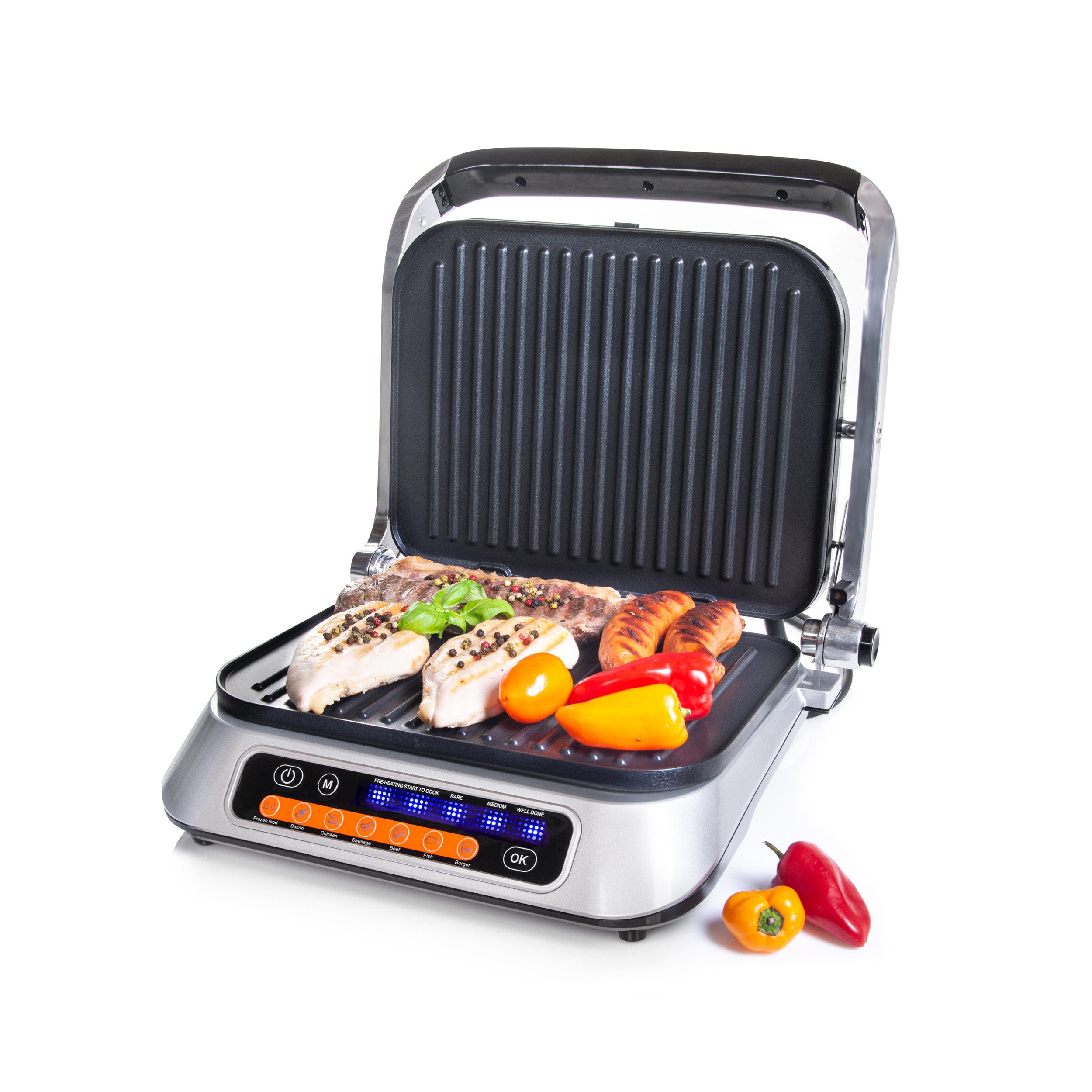 TZS FIRST AUSTRIA Kontaktgrill Kontaktgrill digital, Tischgrill, 2100W, antihaftbeschichtete Platten, 2100 W, gesundes fettarmes Grillen, Fettauffangschale, 180-Grad-Öffnung