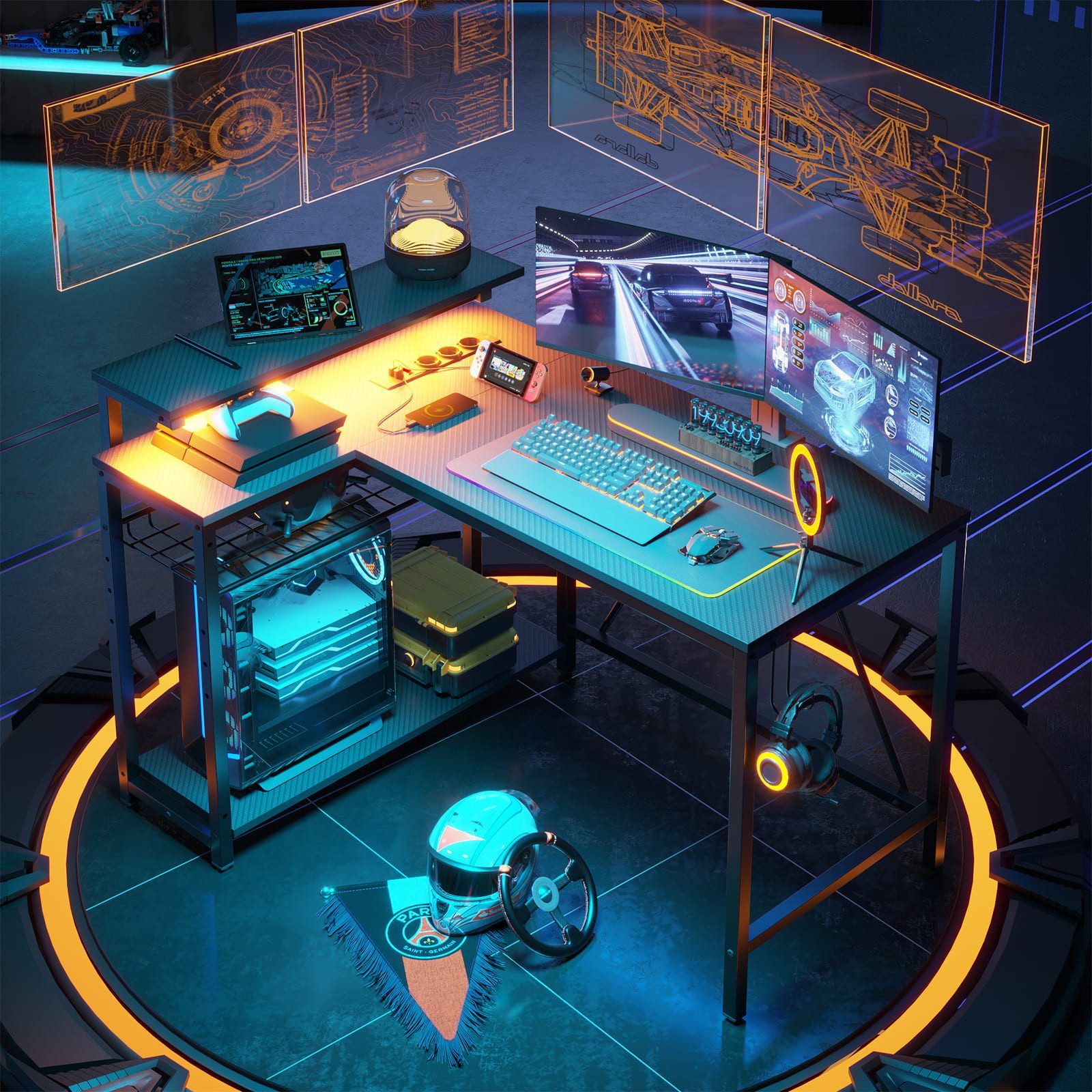 Bestier Gamingtisch Gaming-Schreibtisch L-Form mit LED, 106/133/147 × 50 cm Computertisch (Eckschreibtisch mit 2 USB-Ladeanschluss und 3 AC-Steckdosen, 1 Tisch), L Form Großer Tisch für Büro