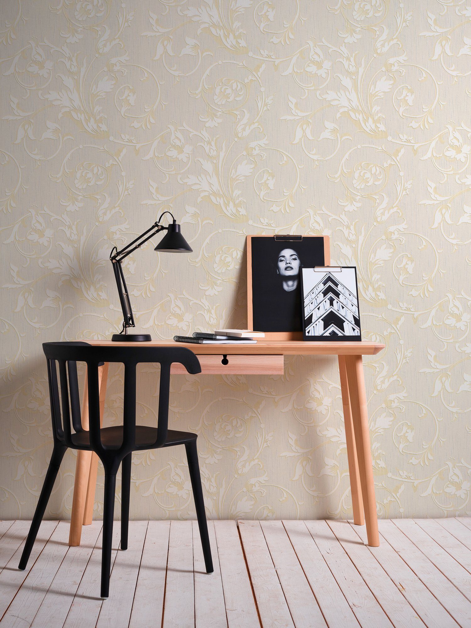 Floral samtig, Tessuto, A.S. Paper Textiltapete floral, Tapete creme/gold Architects Création Blumen Barock,