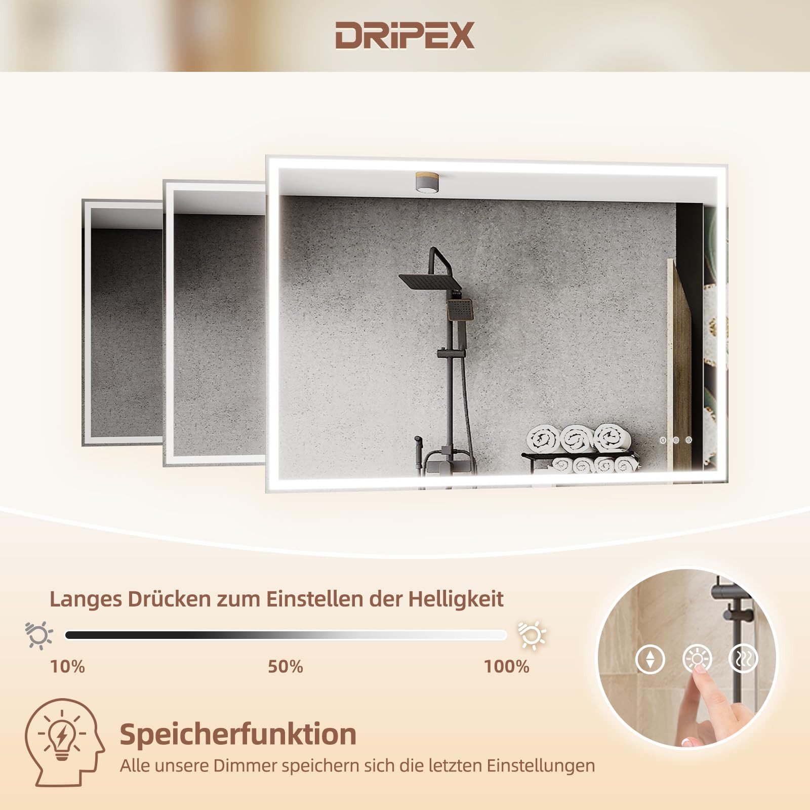 Dripex Badspiegel Badezimmerspiegel Led Wandspiegel mit Beleuchtung, 3 Lichtfarbe Einstellbare, Touch-Schalter, Druckknopf, Dimmbar – Bild 5 von 5