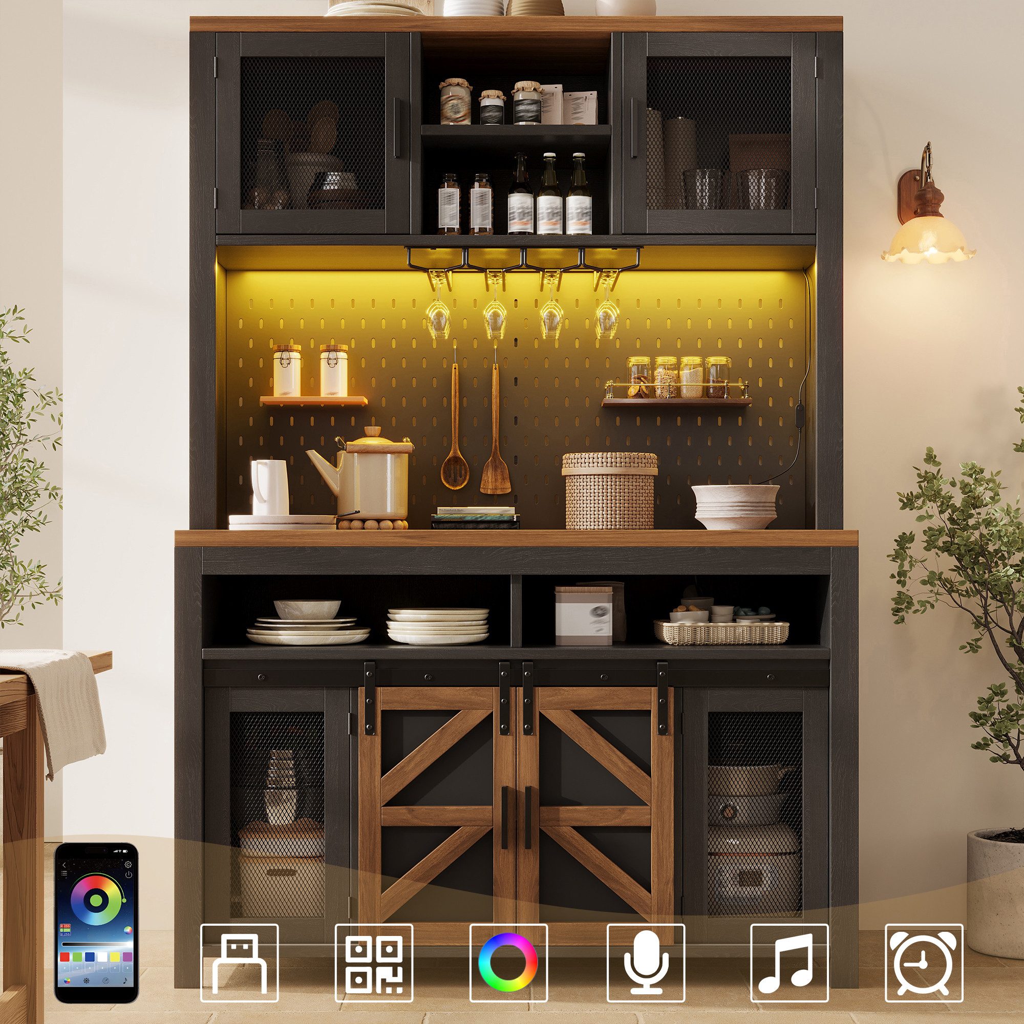 Flieks Küchenbuffet mit LED-Beleuchtung, Lochwand, USB-Anschluss und Schiebetüren (1-St., B120/T40/H174,5 cm) Küchenschrank Hochschrank mit Metallgittertüren und Steckdosen Schwarz