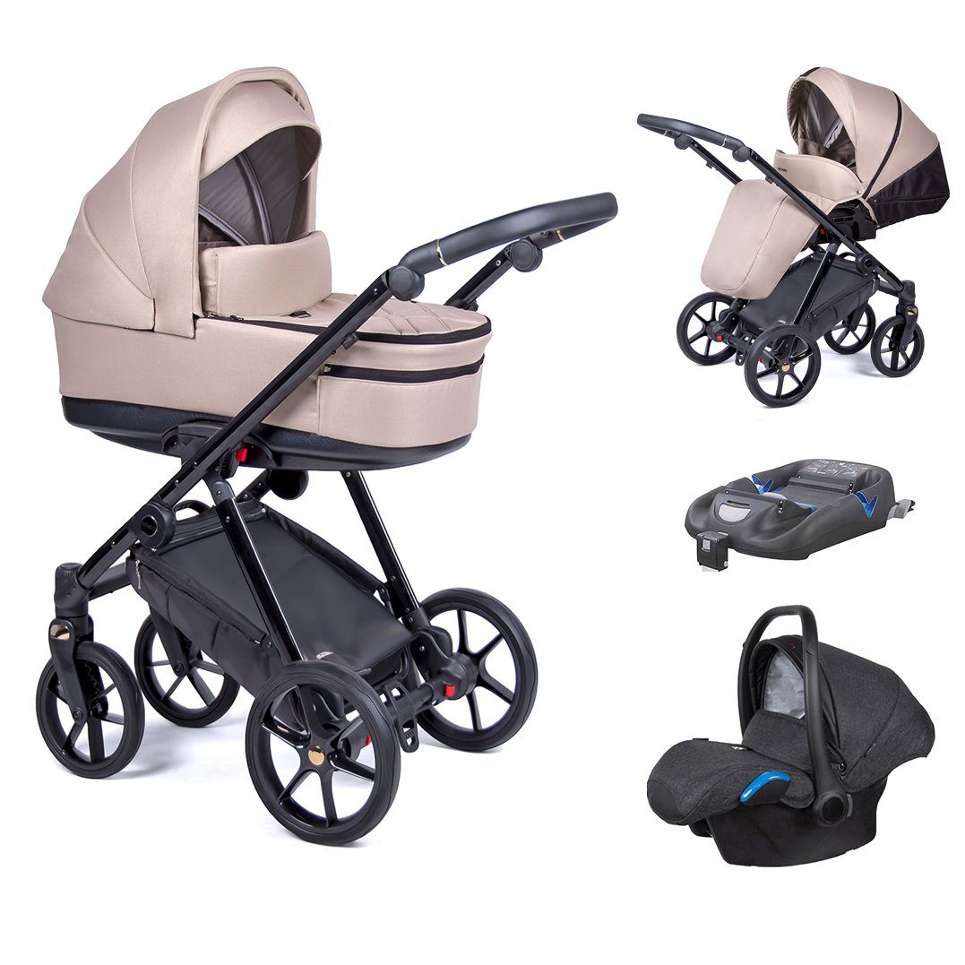 babies-on-wheels Kombi-Kinderwagen 3 in 1 Kinderwagen-Set Axxis - 15 Teile - in 24 Designs Sand = Gestell schwarz
