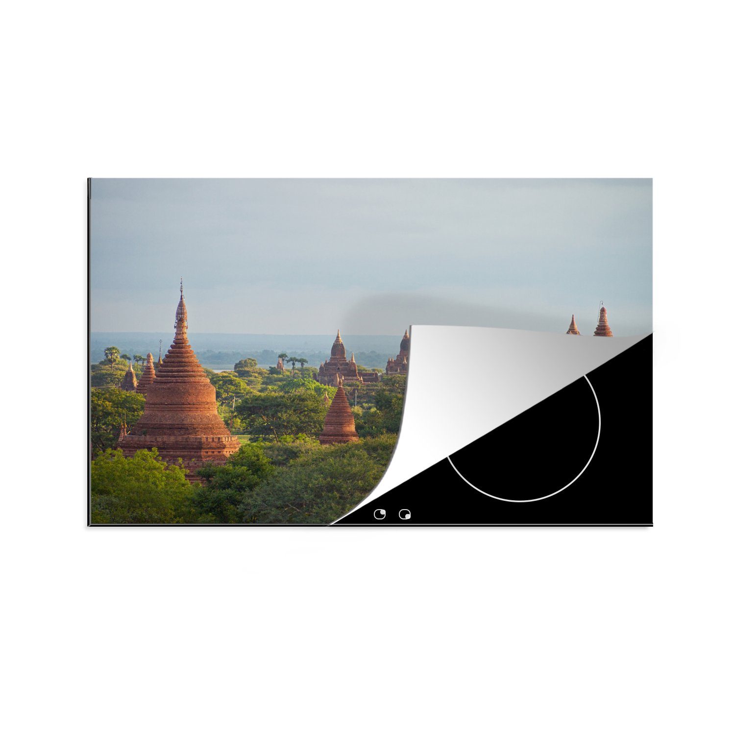 MuchoWow Herdblende-/Abdeckplatte Gruppe von Tempeln im Wald bei Pagan in Myanmar, Vinyl, (1 tlg), 81x52 cm, Induktionskochfeld Schutz für die küche, Ceranfeldabdeckung