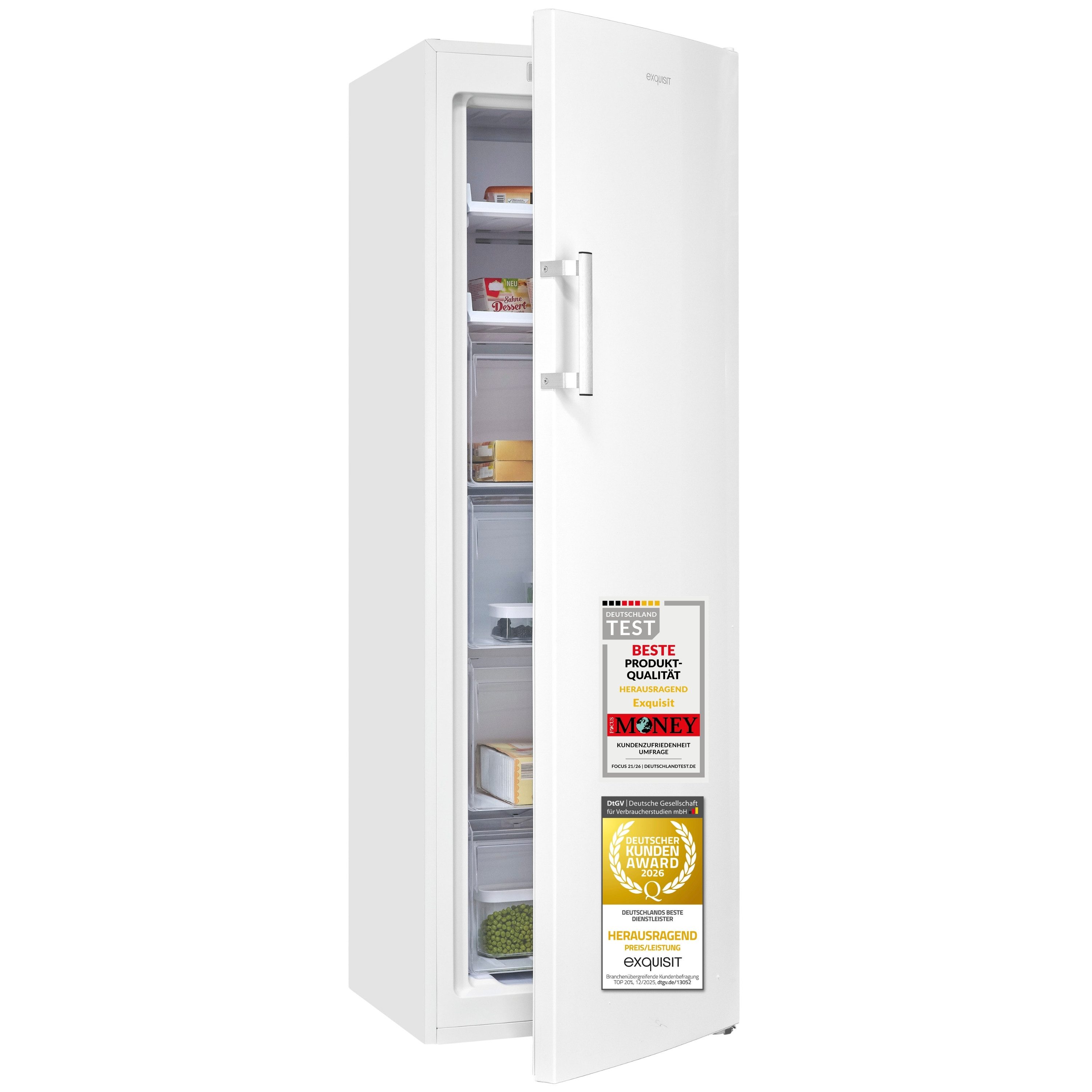 exquisit Gefrierschrank GS5271-NF-H-040C, 170 cm hoch, 54,5 cm breit, 204 l Nutzinhalt, 4 Gefrierschubladen, Energieklasse C, 39 dB