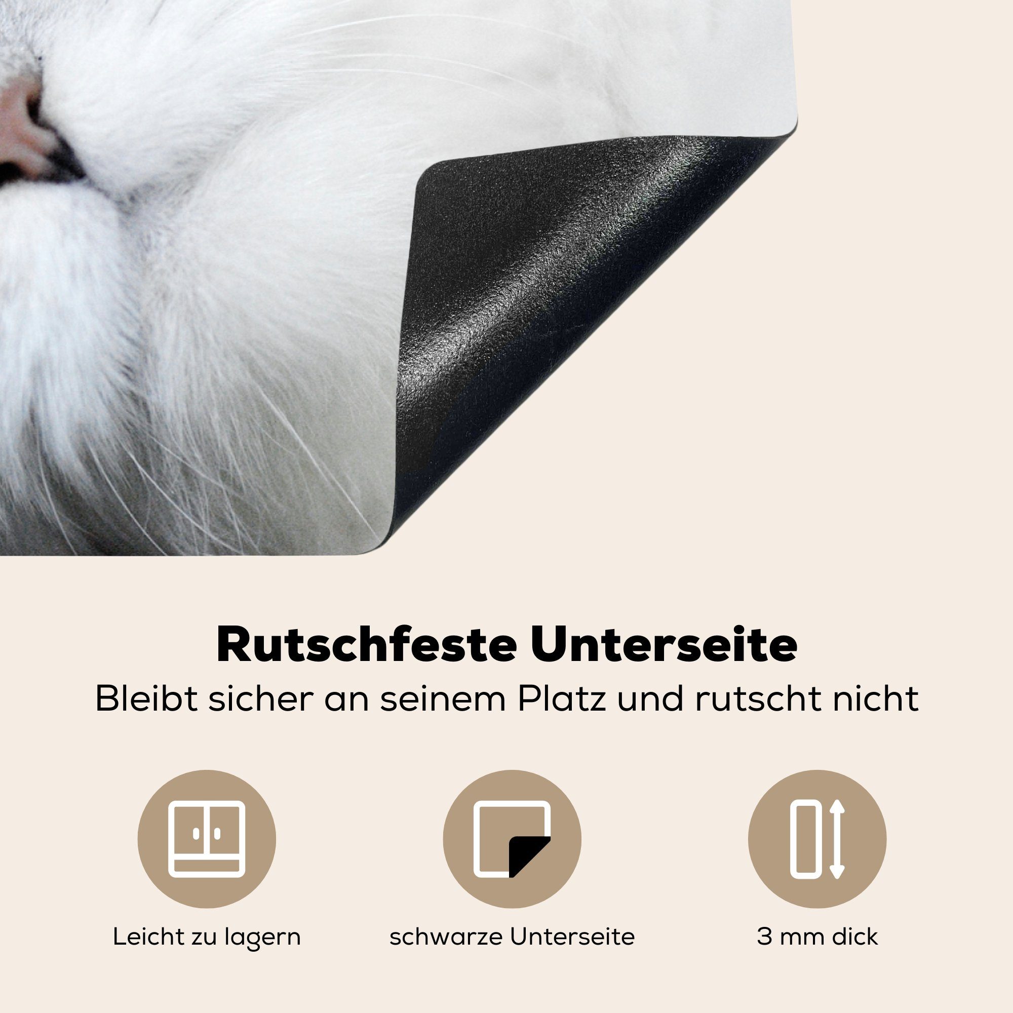 MuchoWow Herdblende-/Abdeckplatte Katze - Induktionskochfeld tlg), Großaufnahme, die Weiß (1 81x52 Schutz für küche, cm, Vinyl, - Ceranfeldabdeckung