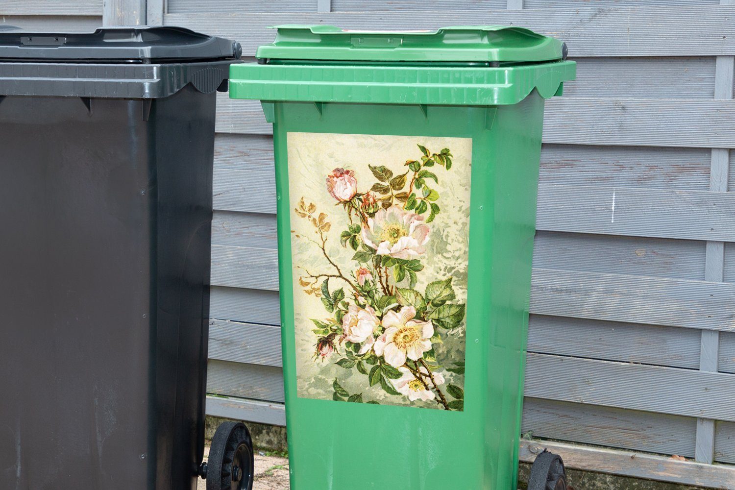MuchoWow Wandsticker Blumen - Mülltonne, St), Container, Rosa Abfalbehälter Mülleimer-aufkleber, Sticker, - Vintage (1