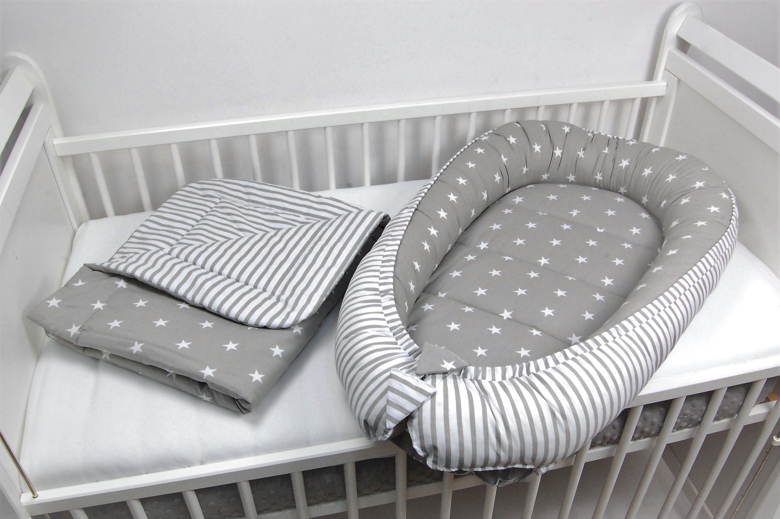Loolay Bettnestchen Grau Baumwolle BABYNEST Babykokon Neugeborene Babyausstattung SET, (Kuschelnest Reisebett SOLO/ o. im Geschenk SETS, 2-tlg., 100% BAUMWOLLE Sterne/ Streifenmuster GRAU Nestchen von LOOLAY), 100% Europäische Stoffe und Kleinserien-Nähen !