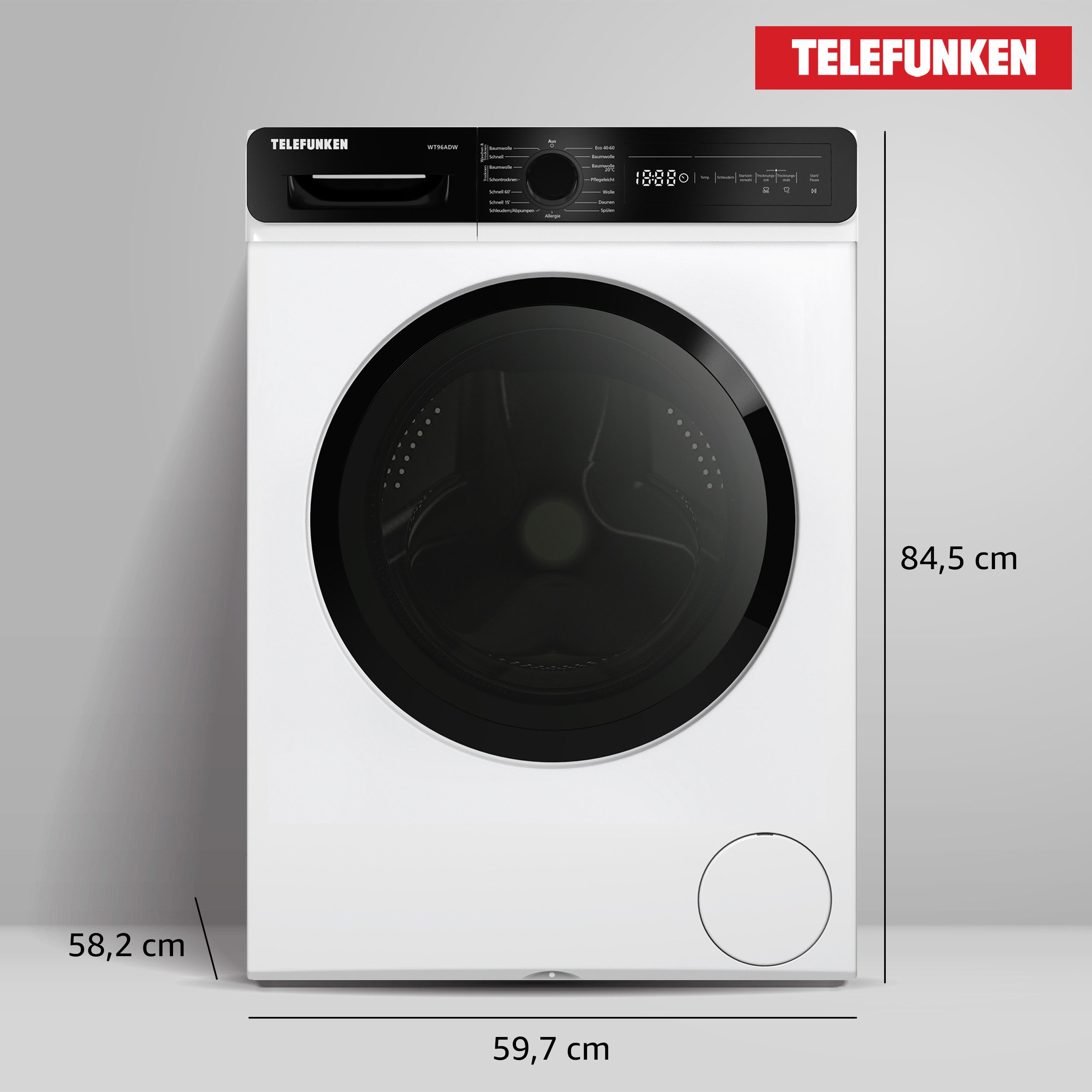 Telefunken Waschtrockner WT96ADW, 9 kg, 6 kg, 1400 U/min, Waschmaschine mit Trockner, 9 kg Waschen / 6 kg Trocknen, Kombi, Weiß
