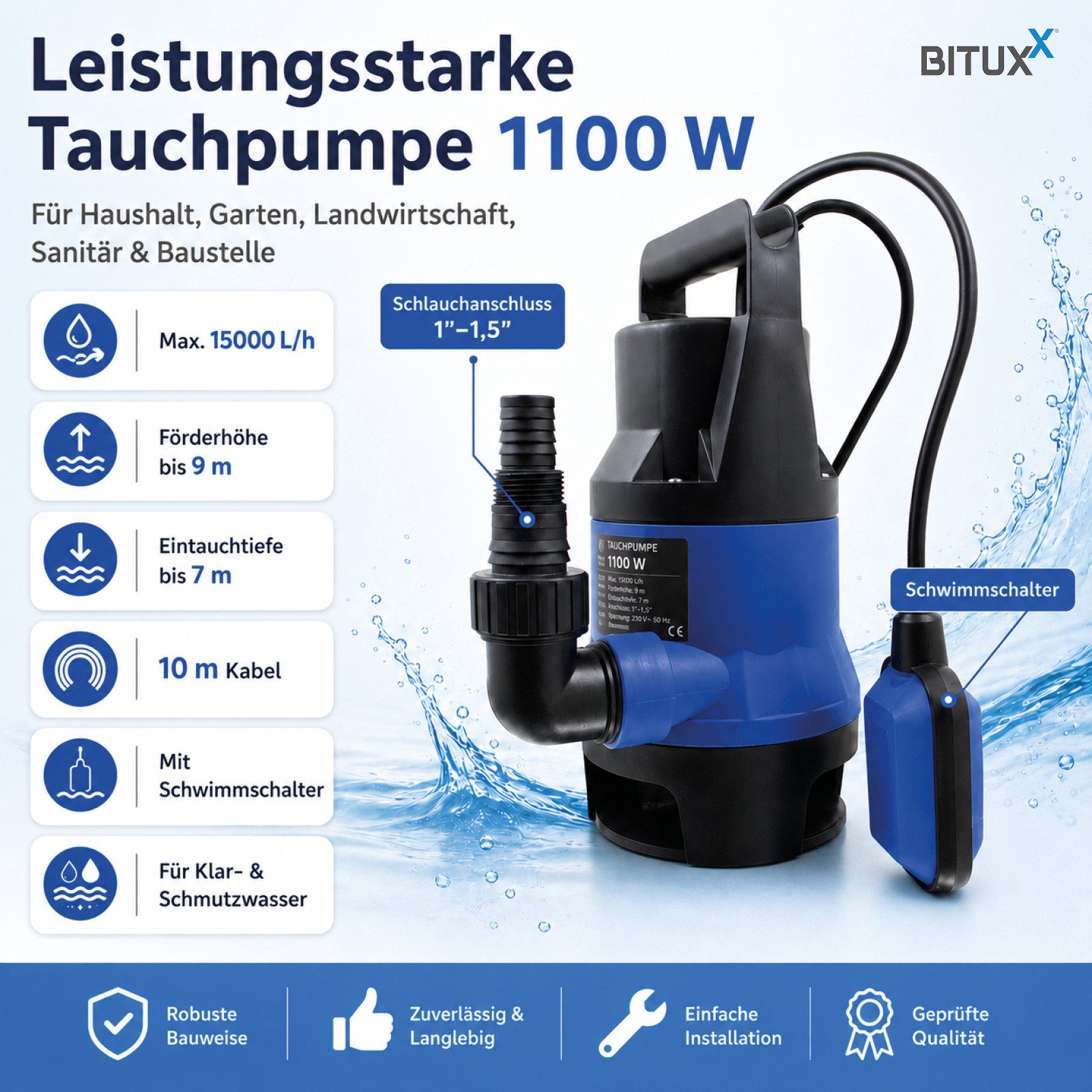 Bituxx Tauchpumpe 1100 Watt (MS-15827) – Bild 2 von 5
