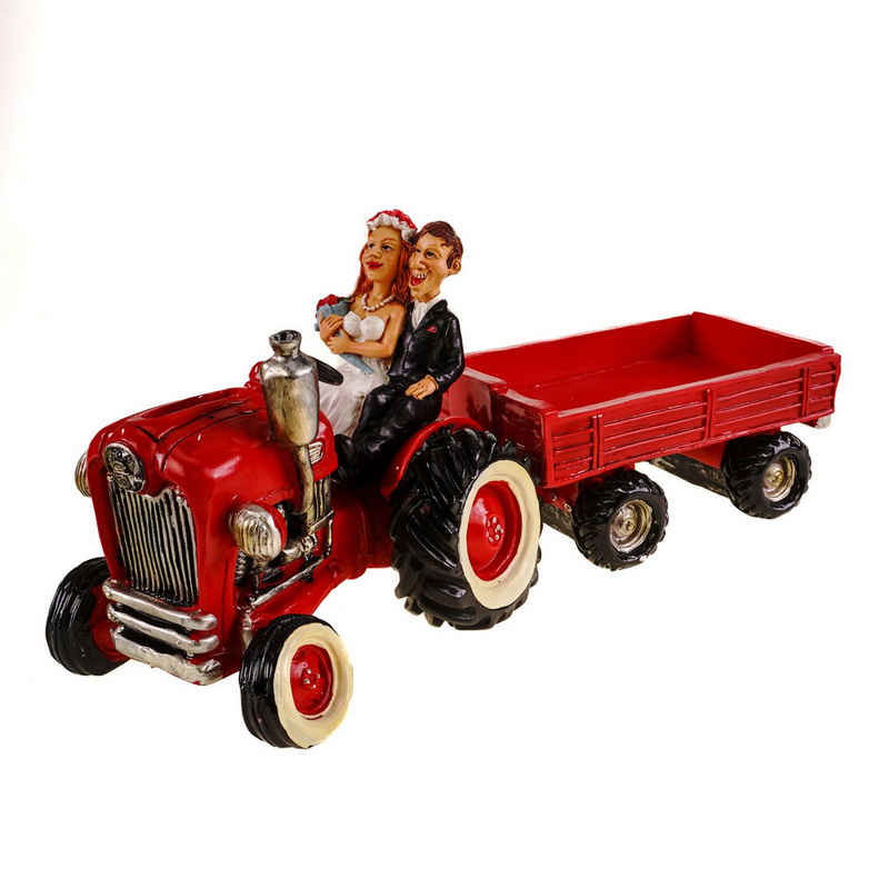 Kremers Schatzkiste Spardose Funny Spardose Traktor rot mit Brautpaar 32 cm Hochzeit Sparschwein