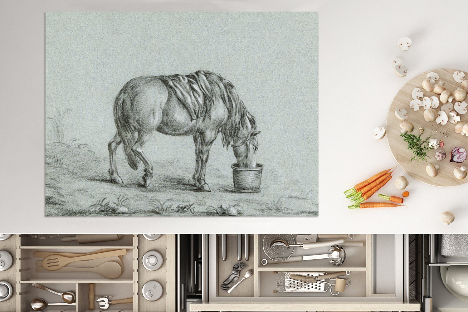 MuchoWow Herdblende-/Abdeckplatte aus Pferd Bernard, Mobile Trog Gemälde - 70x52 Arbeitsfläche einem Ceranfeldabdeckung cm, von Jean Vinyl, tlg), (1 nutzbar, frisst