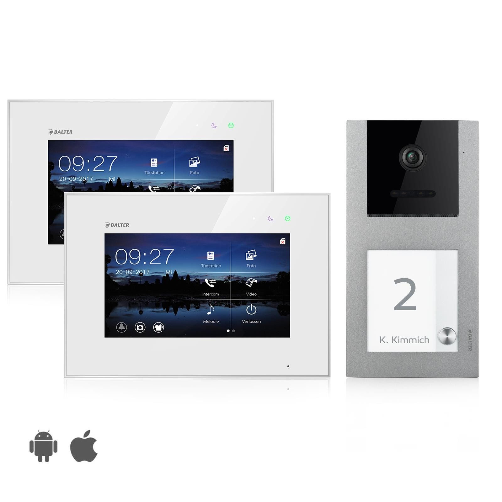 Balter Video-Türsprechanlage Video Türsprechanlage mit App für 1 Familienhaus, Aufputz, 2x Monitore (Komplettset, 2-tlg., 120 Grad Weitwinkelkamera)