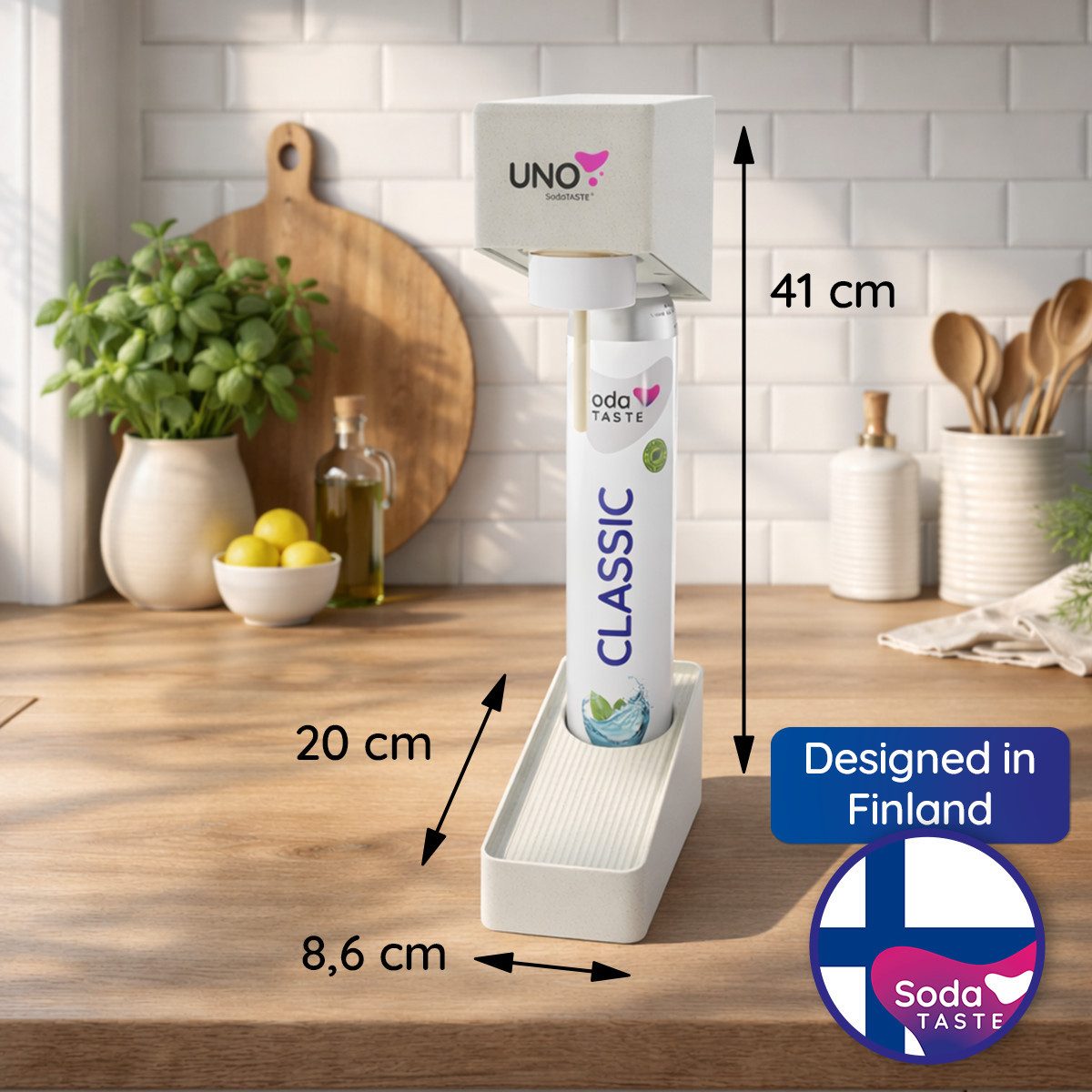 SodaTASTE Wassersprudler SodaTASTE UNO Wassersprudler Set inkl. Flasche & CO2-Zylinder, (Wassersprudler, CO₂-Zylinder, 1-Liter-Wasserflasche, Abtropfhalterung), Kompatibel mit Standard-Drehgewinde