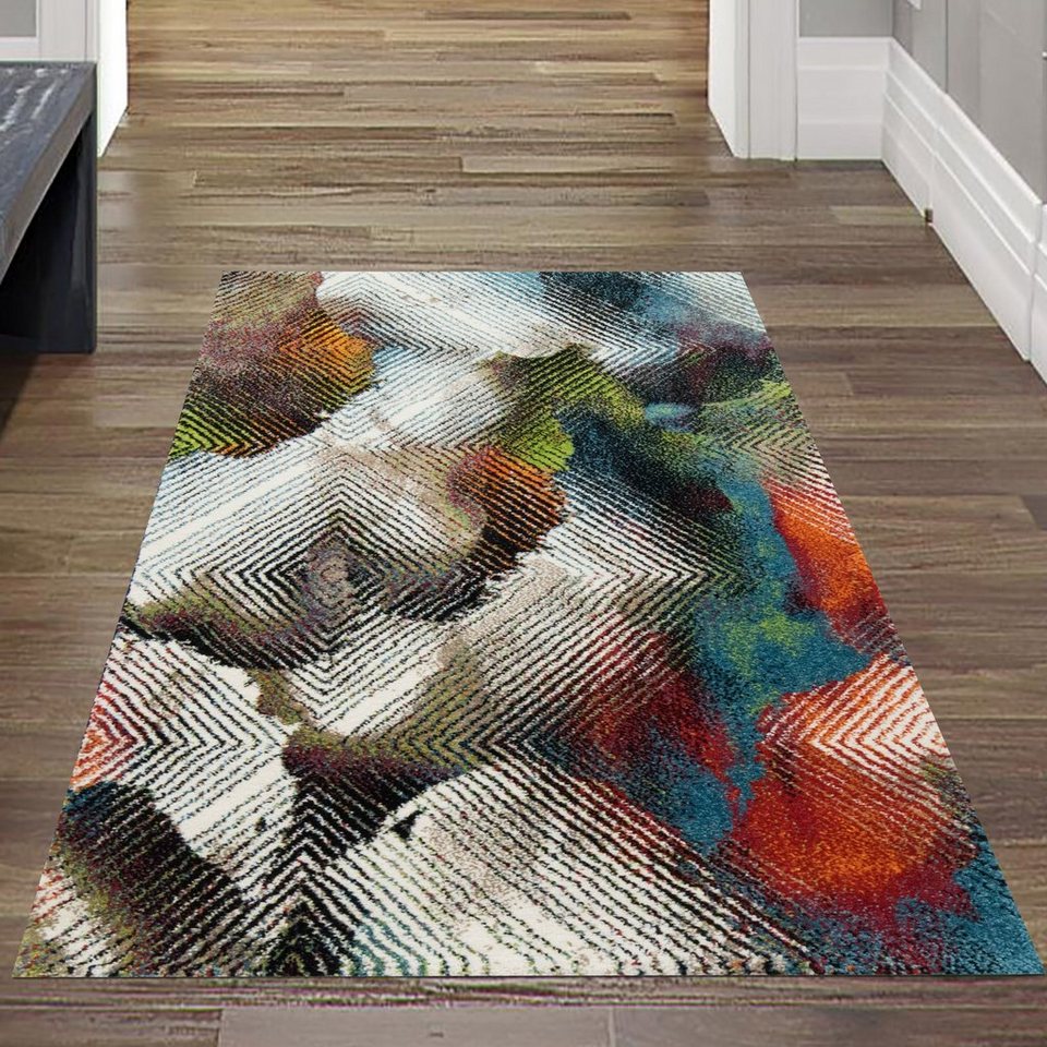 Teppich Bunter Designerteppich mit abstraktem Muster, pflegeleicht, rot  blau, Teppich-Traum, rechteckig, Höhe: 13 mm, Geeignet für Fußbodenheizung,  Allergikerfreundlich & hautsympathisch