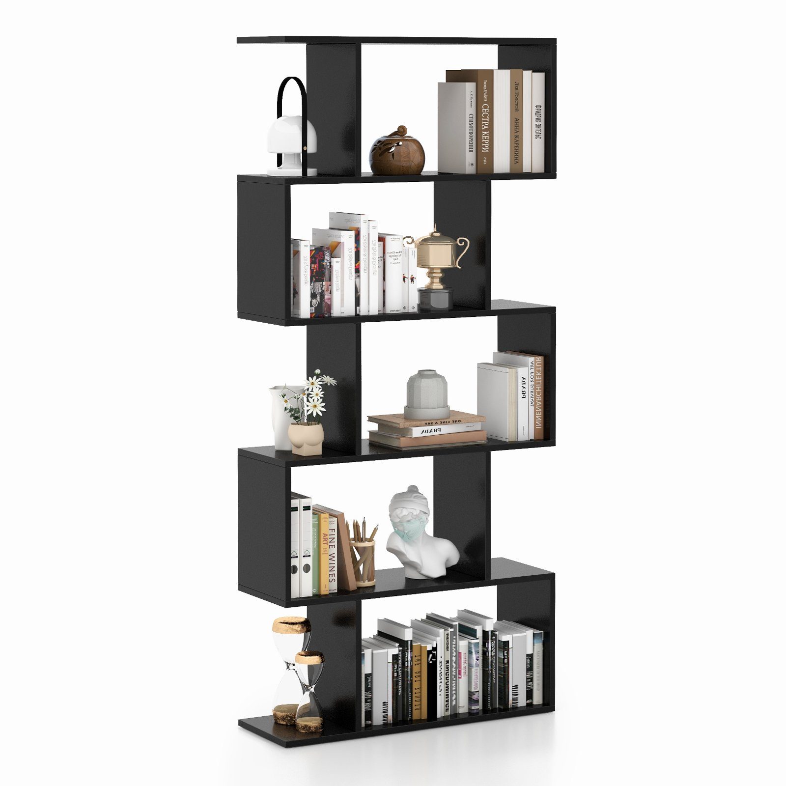 Bücherregal, cm Schwarz 70 mit x 5 Raumteiler Ebenen, 23,5 COSTWAY 158 x