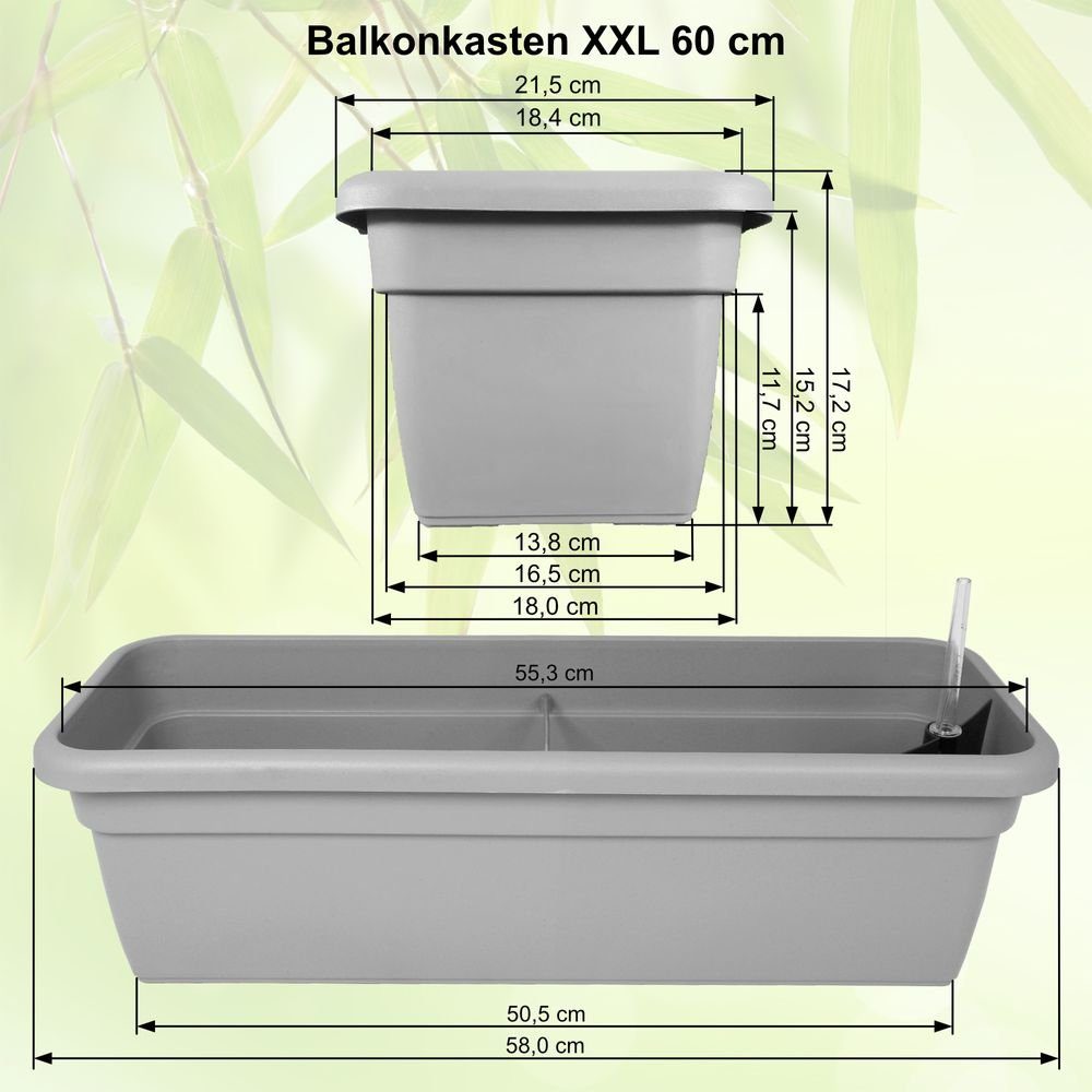 MePla 60 wetterfest Bewässerung 2-tlg. UV-beständigem Länge Blumenkübel 57 Untersetzer + Balkonkasten cm - cm - Pflanzentopf Pflanzenkasten Kunststoff mit aus XXL - Anthrazit, Set Balkonkasten Heimwerkercenter