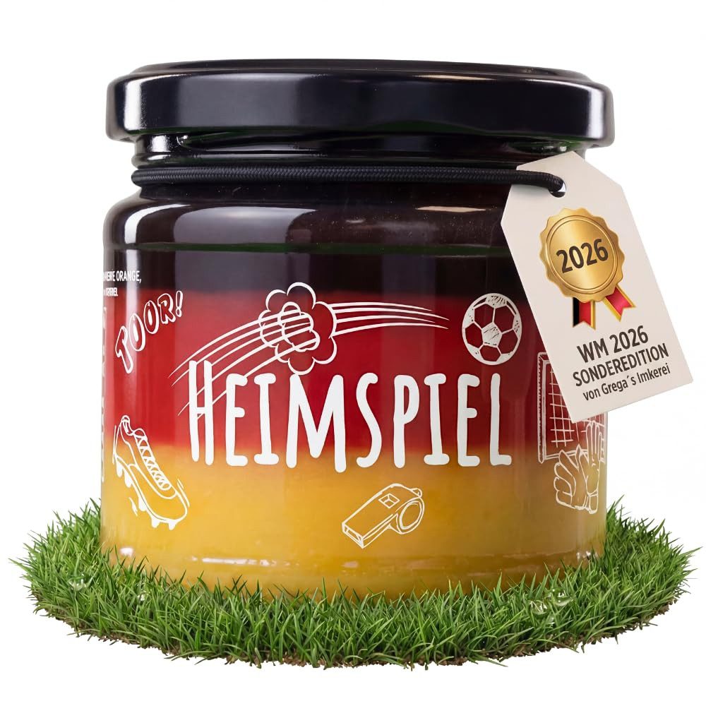Grega´s Imkerei Honig WM 2026 Fanartikel Heimspiel mit Honig, 1 x 250 g, (3-Schicht Aufstrich Schwarz-Rot-Gold, Mitbringsel für Fußballfans & Public Viewing), deal für Deutschlandfans zur WM 2026schenk Deutschland Fanartikel