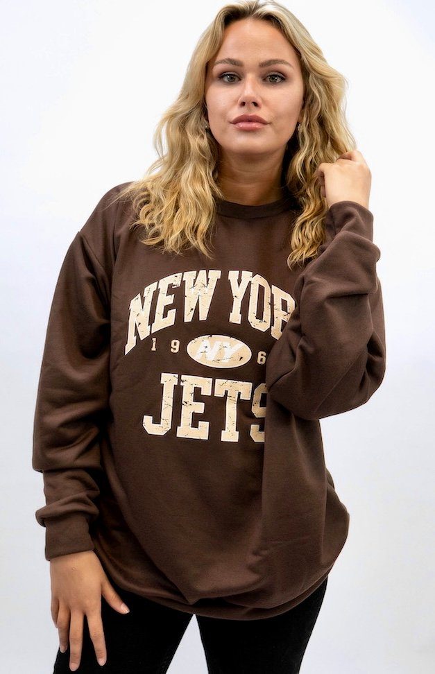 Worldclassca Longsweatshirt Worldclassca Damen Oversized Sweatshirt Sweater Shirt Bedruckt NEW YORK JETS College Freizeit Langarmshirt Oberteil Pullover