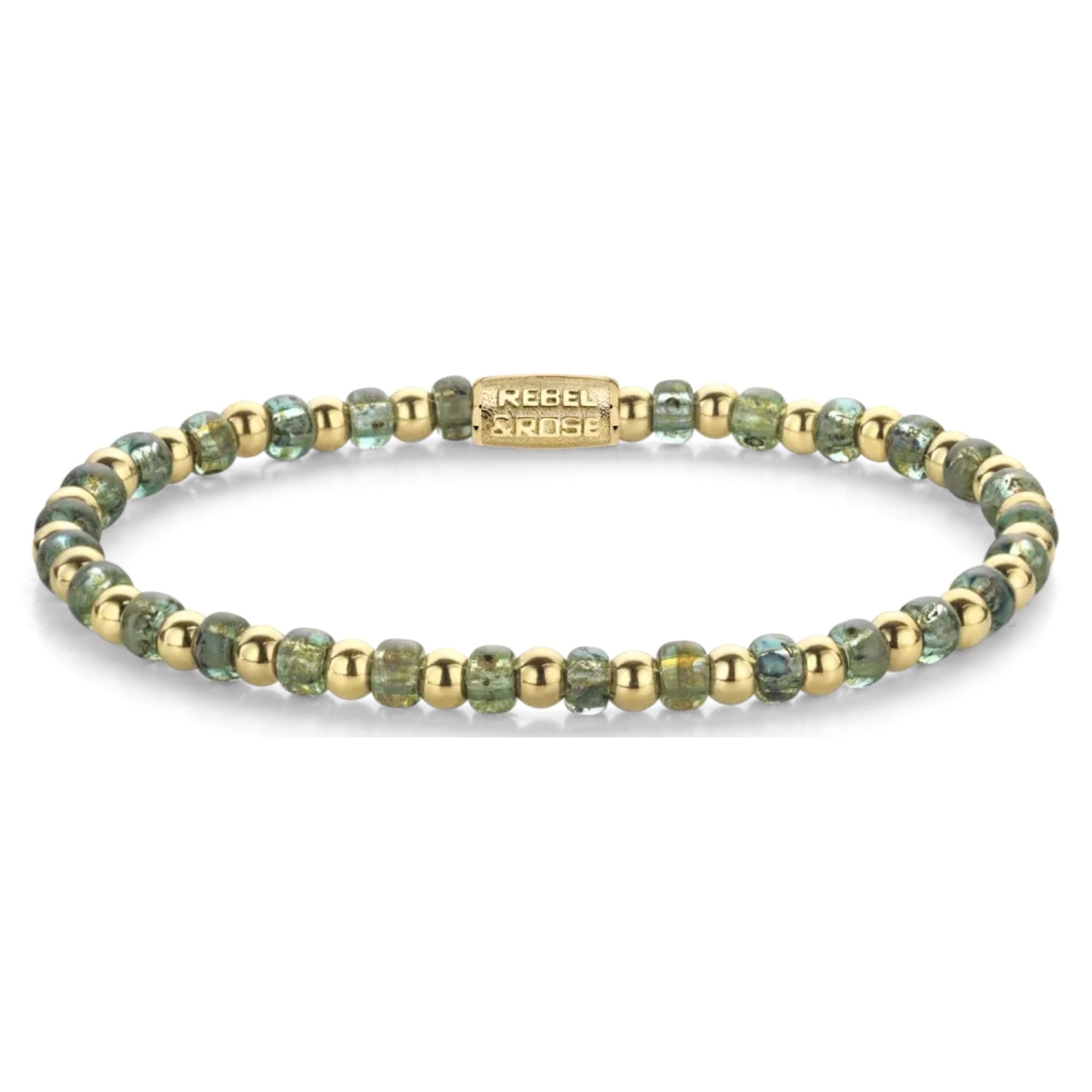 Rebel & Rose Armband Armband 4mm grünen Glassteinen, goldplattierten Edelstahlsteinchen