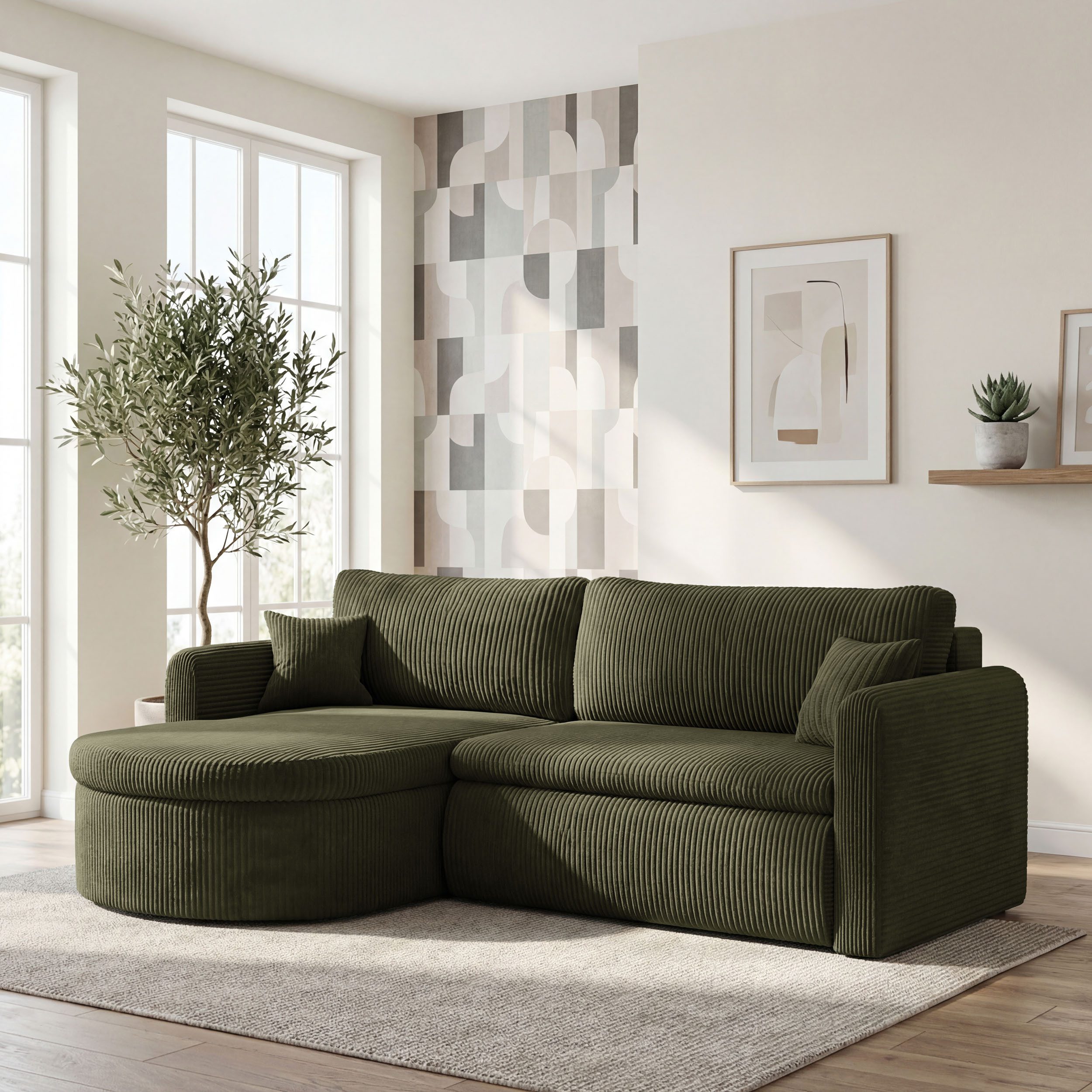 WFL GROUP Ecksofa Cora L-Form Universell 4-Sitzer – mit Schlaffunktion & Stauraum, Rechts oder Links Montierbar, Schlaffläche 220 x 122 cm, Boucle oder Cordstoff Chenille, inkl. 2 Dekokissen und Rückenkissen