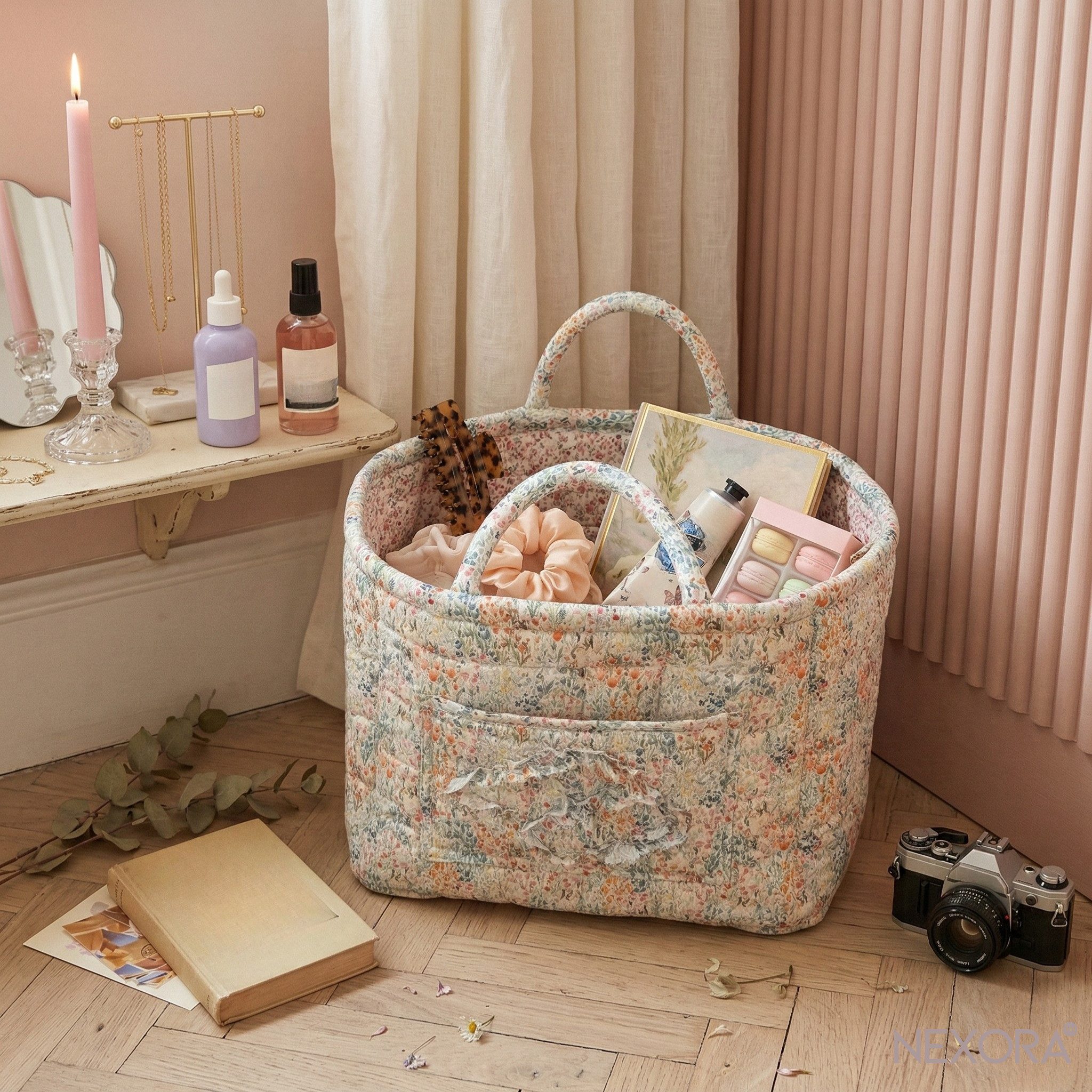 NEXORA Tragetasche Damentasche, Strandtasche, Sommertasche mit floralem Muster, gesteppt, florales Muster, mit Griffen