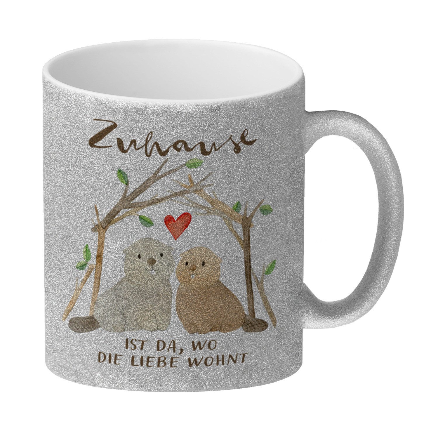 Tasse Biber Glitzer Kaffeebecher mit Spruch Zuhause ist da wo die Liebe