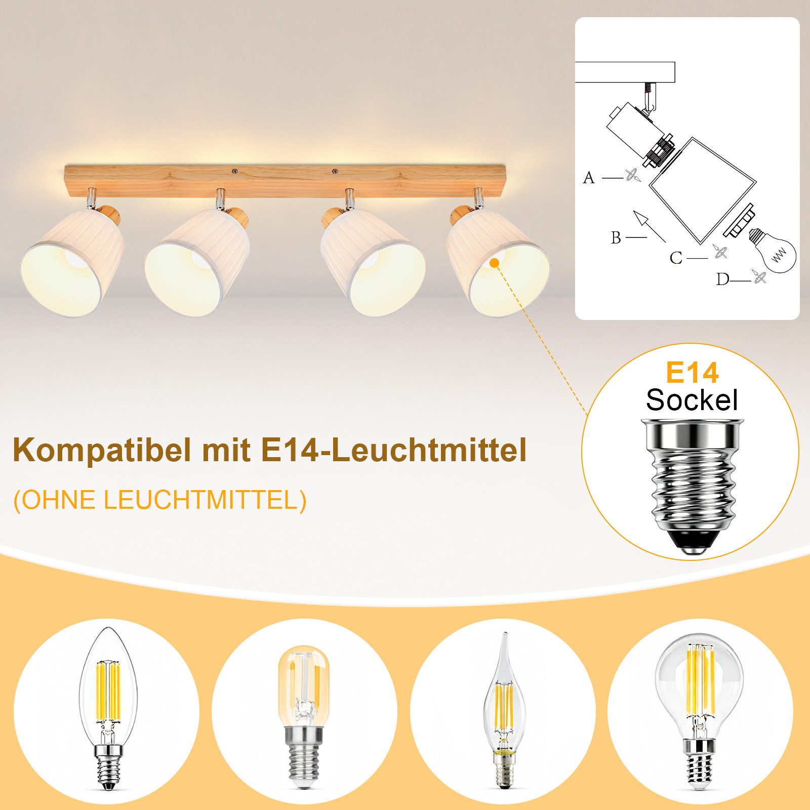 Nettlife Deckenstrahler Retro 1/2/3/4Flammig Holz Deckenleuchte E14 Vintage Boho Deckenspots, Schwenkbar 350°, ohne Leuchtmittel, für Wohnzimmer Schlafzimmer Kü – Bild 5 von 5