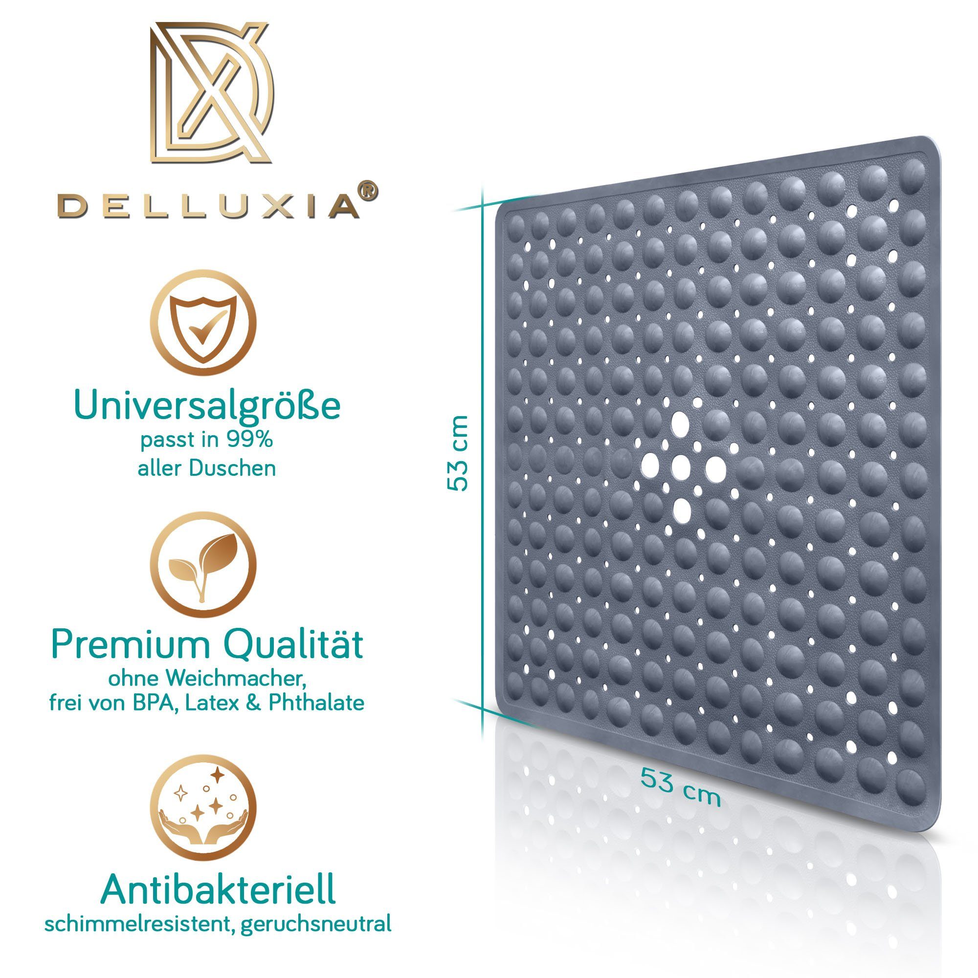 Delluxia Duscheinlage Duschmatte rutschfest speziell für Erwachsene, B: 53 cm, L: 53 cm, inkl. Aufhängung, geruchsfrei, schimmelfrei, ohne Weichmacher