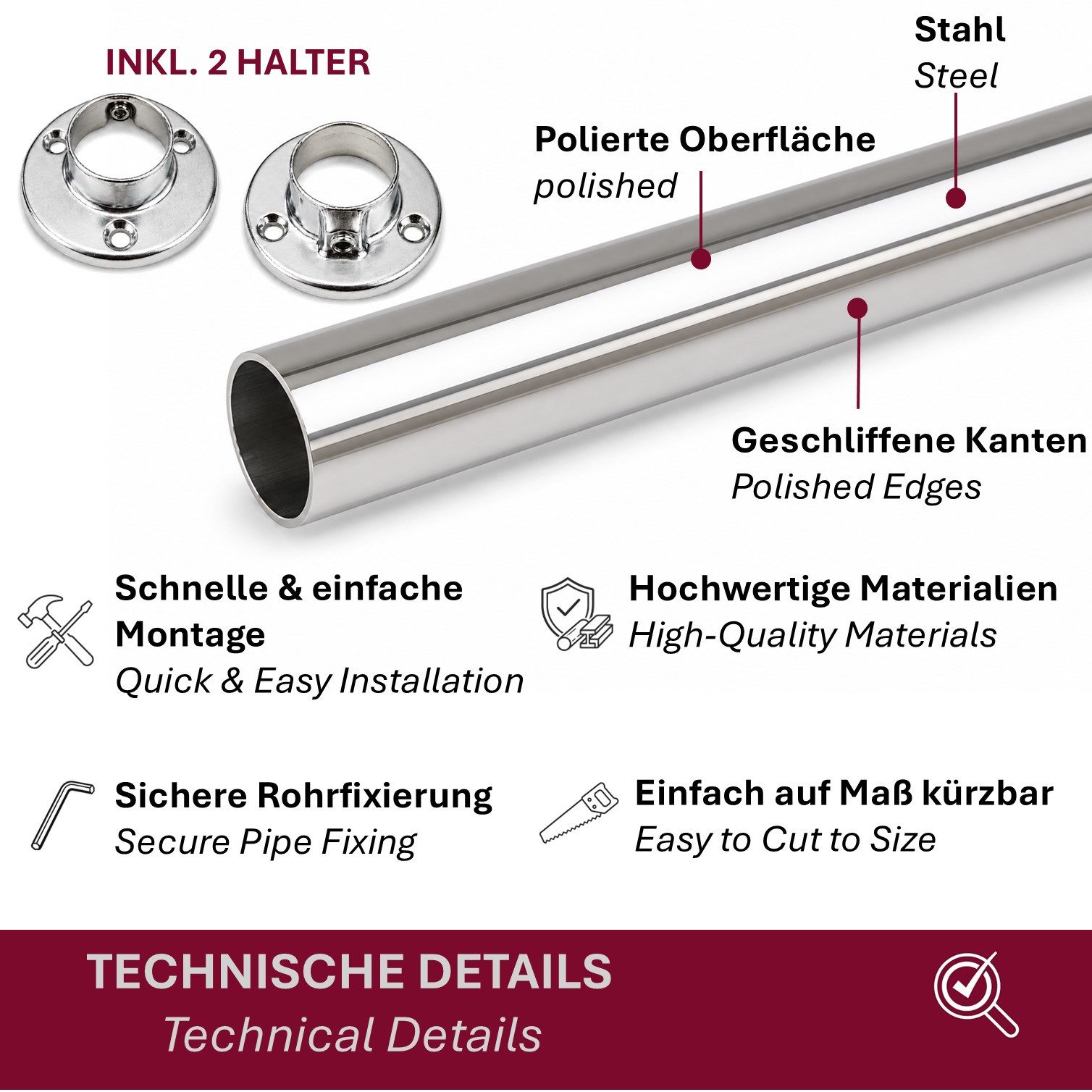 HOOZ Kleiderstange Schrankrohr Rund Ø 24 mm Stahl inkl. Halter Silber 1er Set 80cm (Set, 1 St., 1 Garderobenstange inkl. 2 Halter), Innensechskant-Madenschraube zur sicheren Rohrfixierung