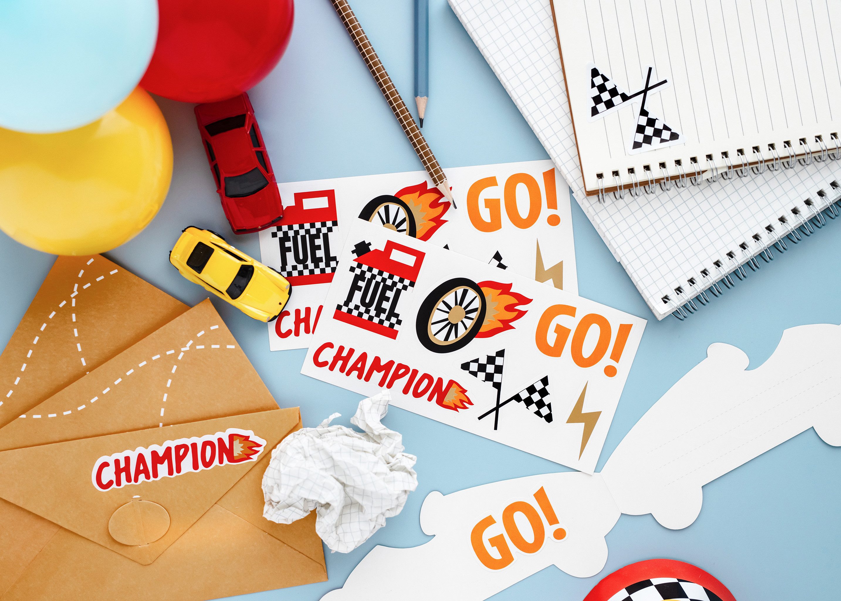 partydeco Sticker, Sticker für Kinder 10x25cm Racing Motiv Rot / Schwarz / Weiß