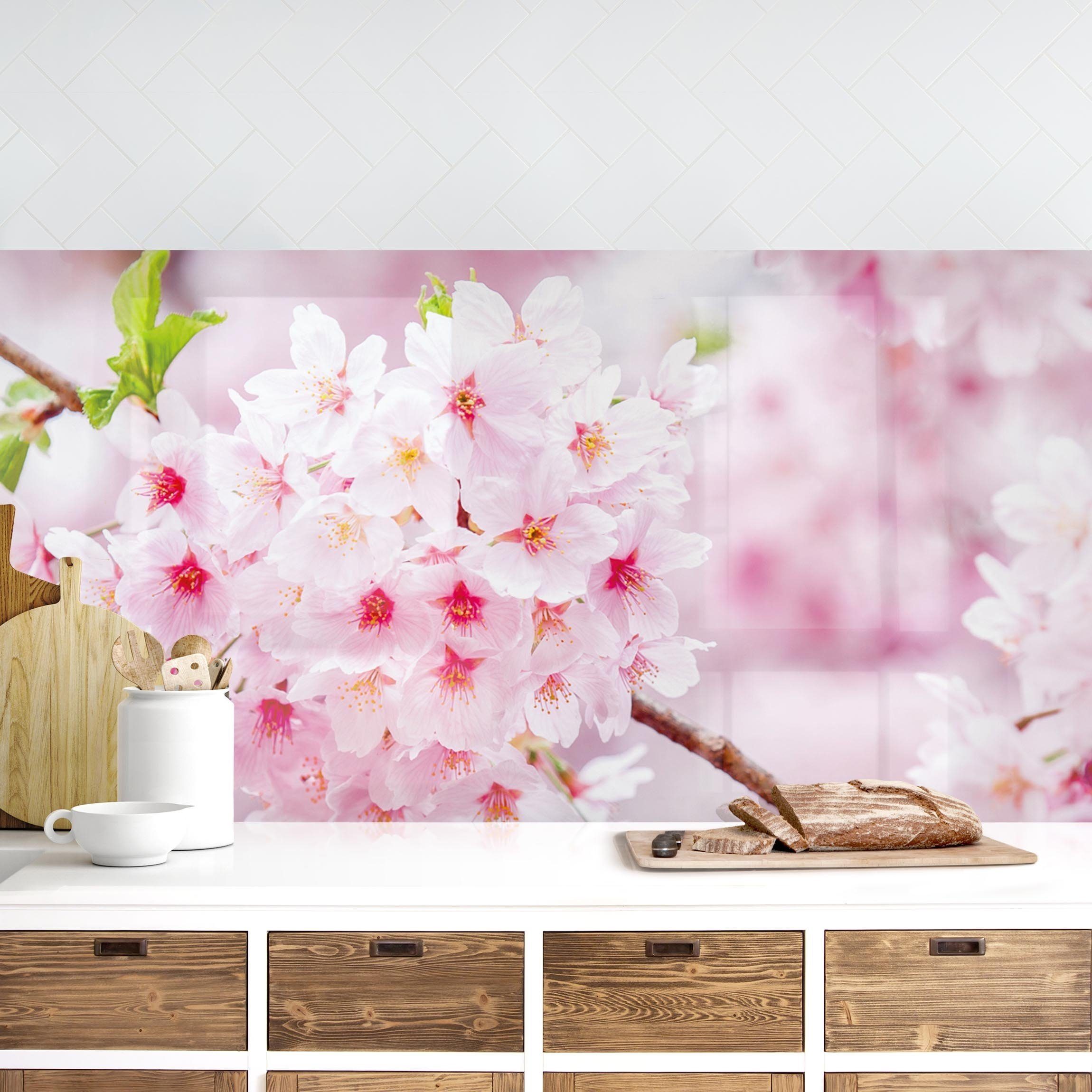 Bilderdepot24 Küchenrückwand rosa dekor Blumen Japanische Kirschblüten Wandverkleidung Küche, (1-tlg., Nischenrückwand - für Fliesenspiegel ohne Bohren - matt), Spritzschutz Rückwand Küche Herd - Folie selbstklebend versch. Größen