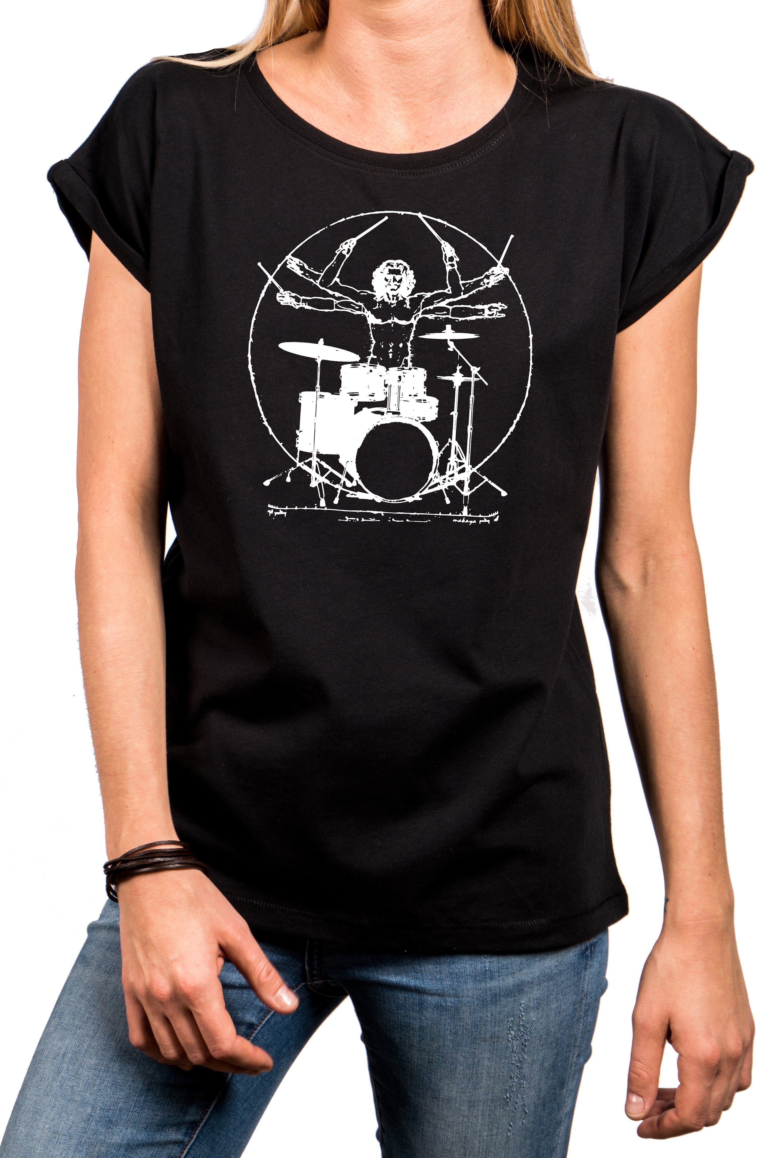 MAKAYA Print-Shirt Musik Damen Top Vintage Schlagzeug Drummer Motiv Damenshirt Bandshirt mit Druck, aus Baumwolle, große Größen Schwarz
