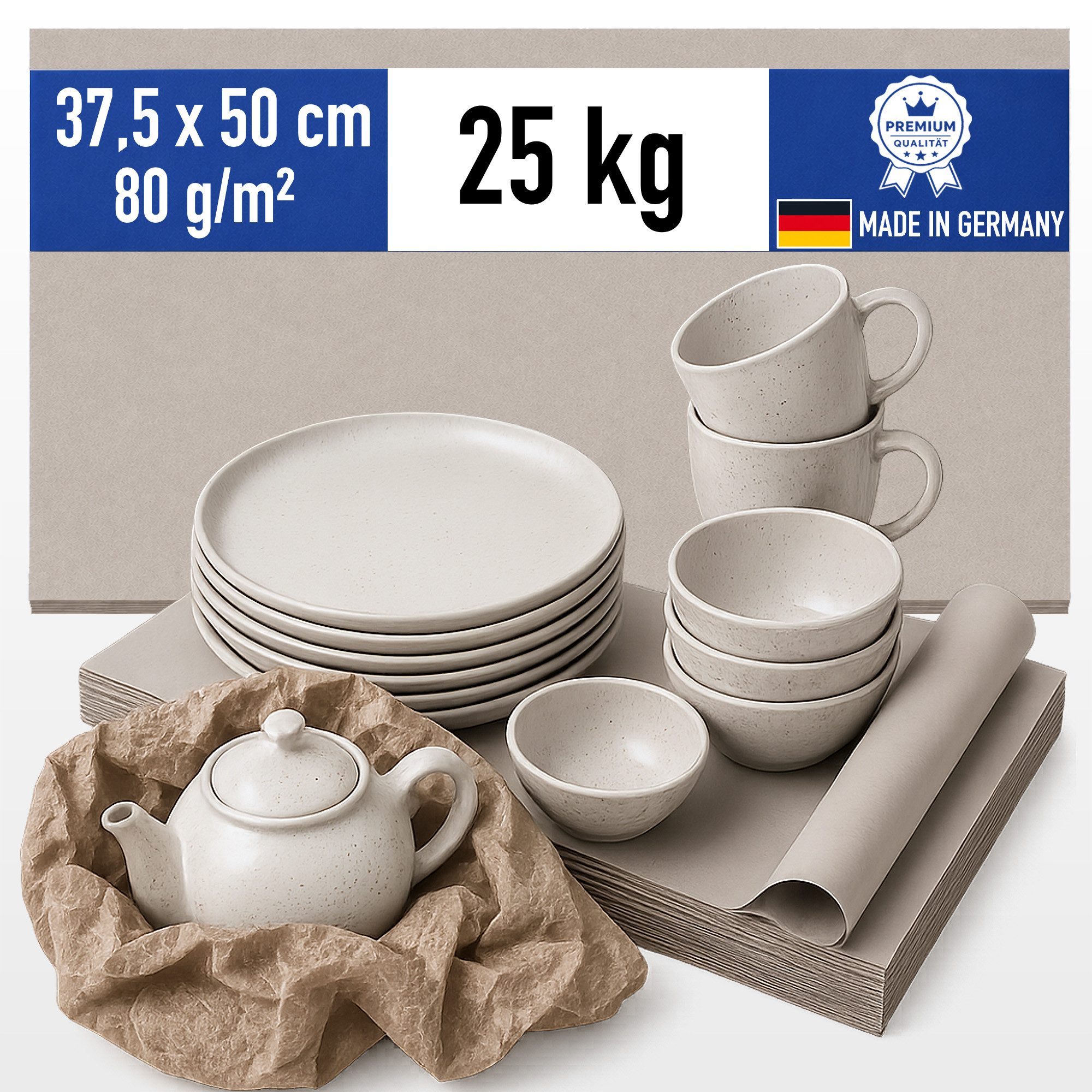 Papieronkel Recyclingpapier Schrenzpapier Packpapier Bogen 37,5x 50cm 80g/m² Umzugpapier Packen, 25kg Einschlagpapier, 100% Öko-Recycling, Made in Germany, plastikfrei