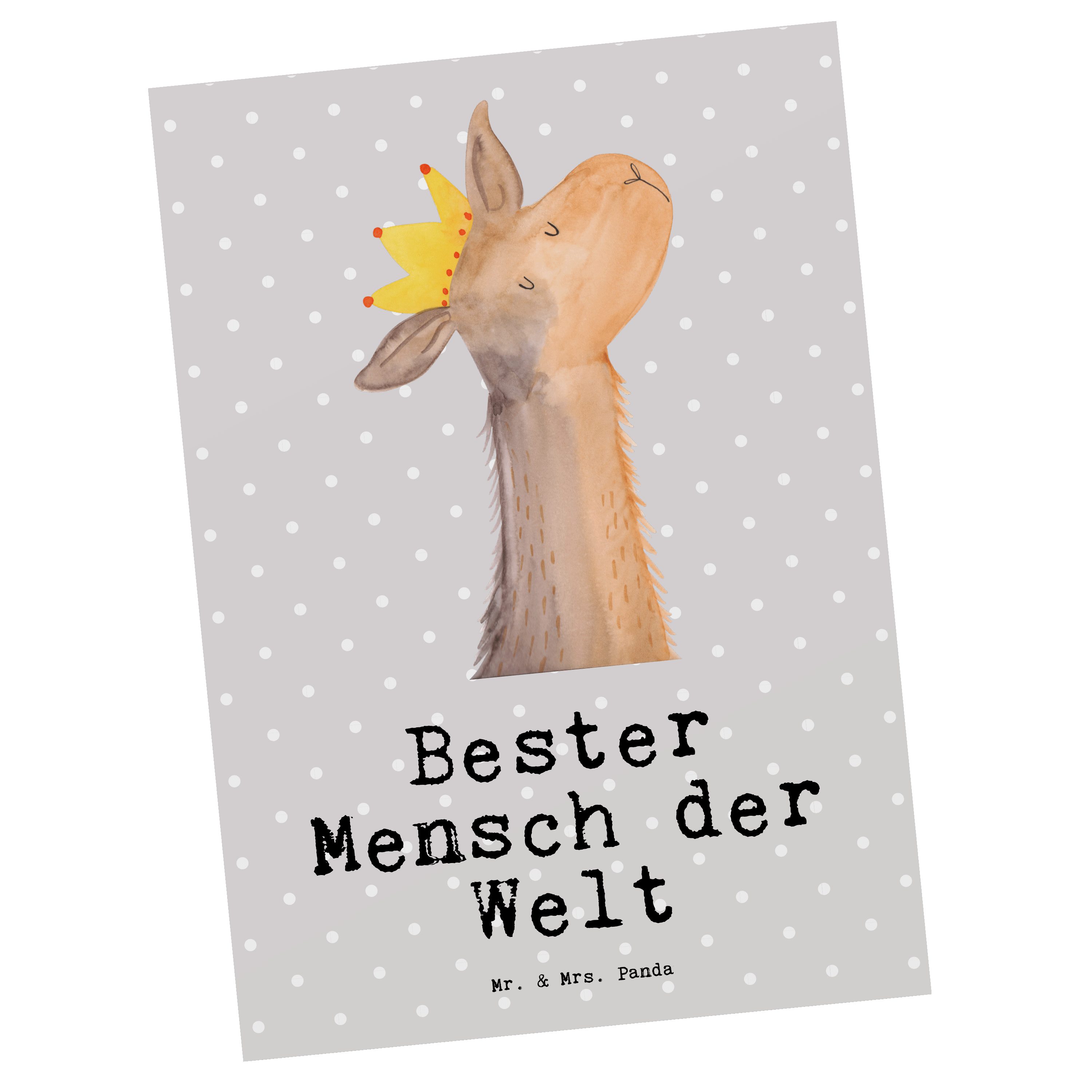 Mr. & Mrs. Panda Postkarte Lama Bester Mensch der Welt - Grau Pastell - Geschenk, Geburtstag, Ge