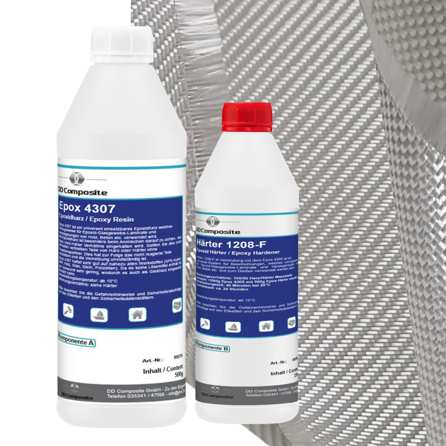 DD Composite Reparatur-Set 750g GFK Epoxidharz + 1m² Glasfilamentgewebe 390g/m² Köper, 3-St.