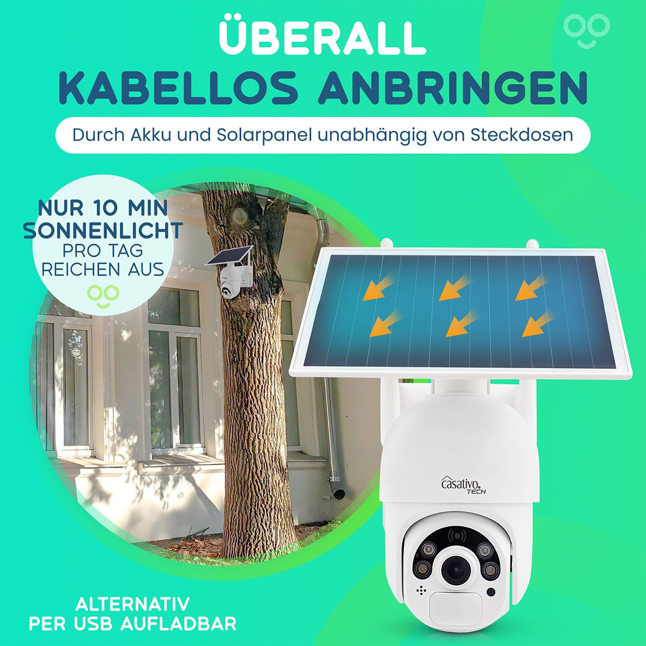 Casativo Überwachungskamera Überwachungskamera, solarbetrieben / kabellos, Pan-Tilt, FullHD (2-tlg., PIR Sensor, Nachtsicht, 2-Wege-Audio/ Video, IP66)