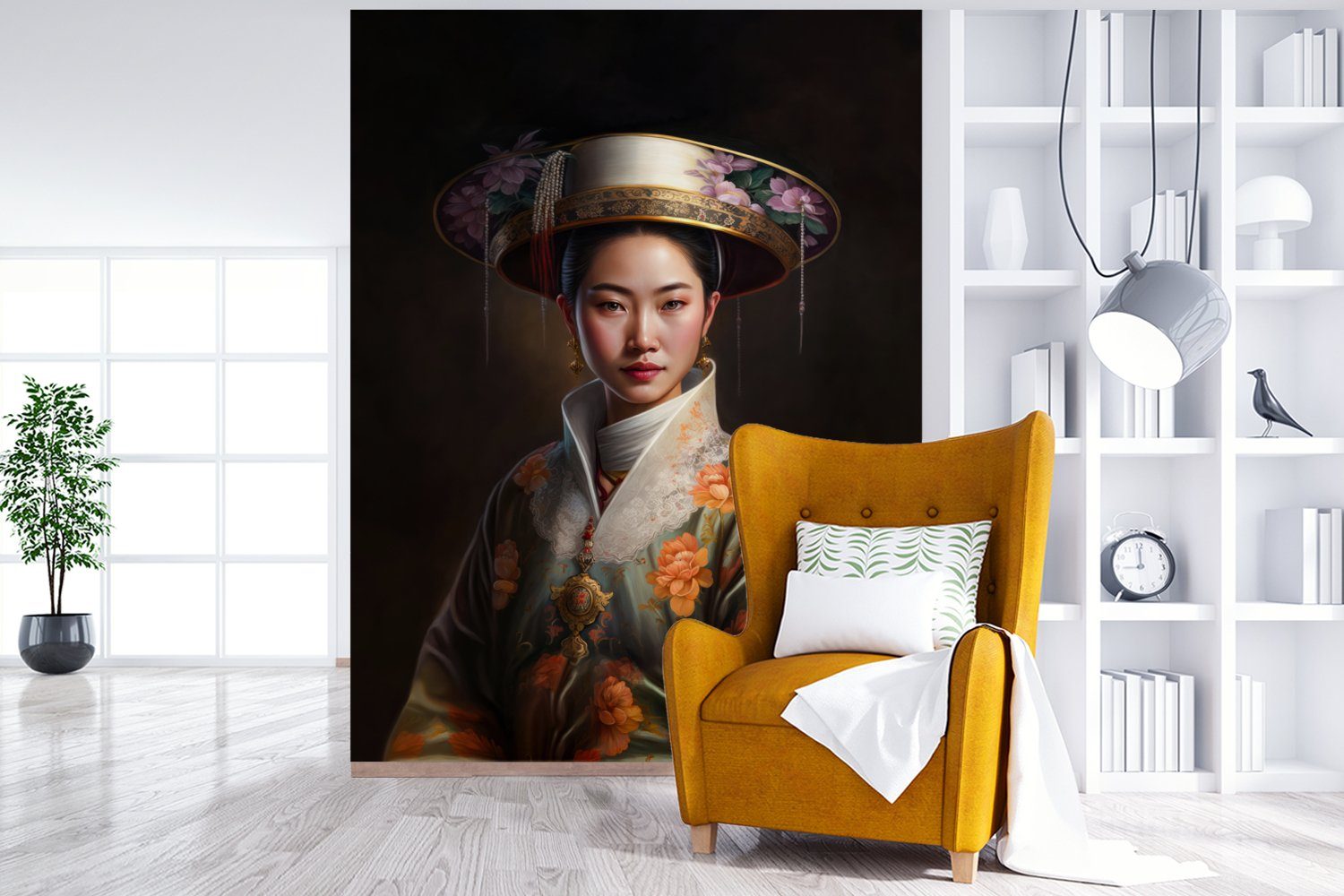 Wandtapete (4 bedruckt, - Asiatisch - Blumen Vinyl Porträt, Matt, MuchoWow Tapete St), für Fototapete Montagefertig Frauen Wohnzimmer, -