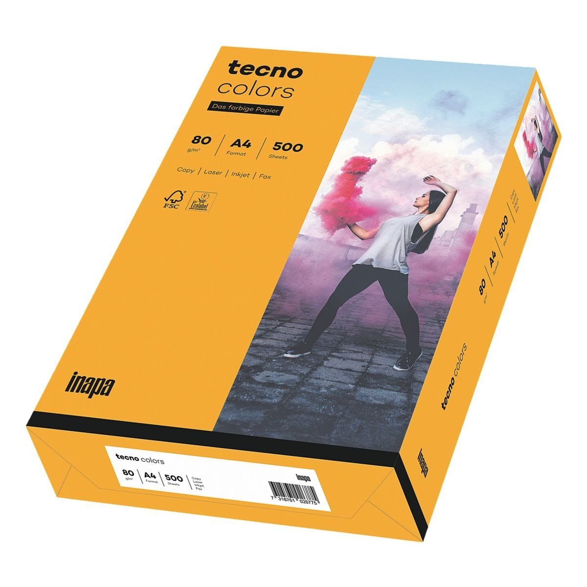 Inapa tecno Drucker- und Kopierpapier Rainbow / tecno Colors, Pastellfarben, Format DIN A4, 80 g/m², 500 Blatt mittelorange