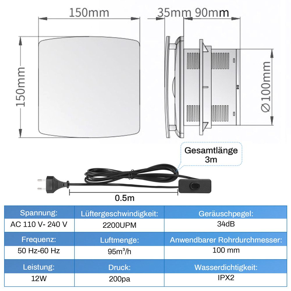 XERSEK Wandventilator Leiser Badlüfter Ø100mm Abluftventilator Mit Rückflus günstig online kaufen