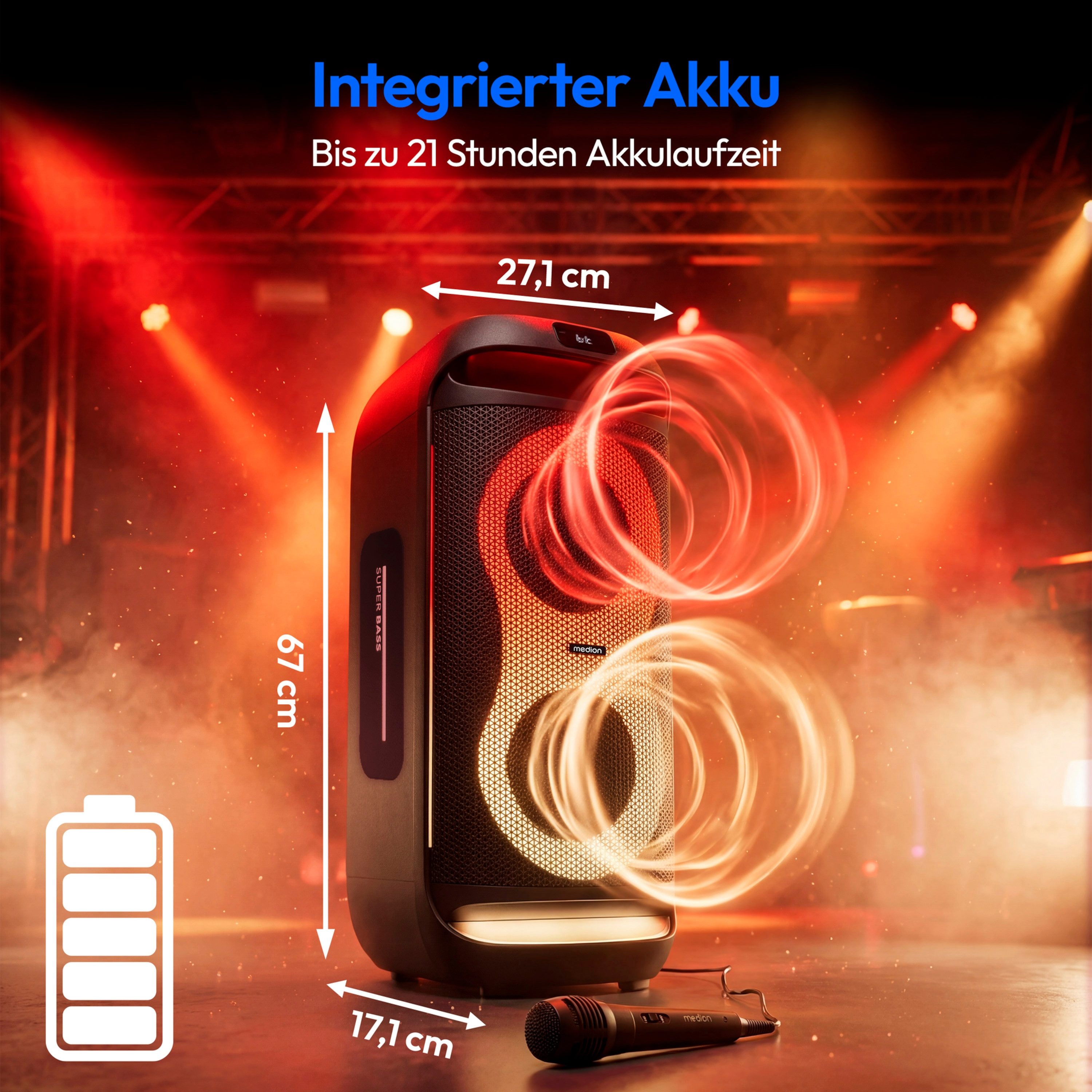 Medion® MEDION LIFE PE-2 Plus (MD400002) Lautsprecher (Bluetooth, 60 W, True Wireless Stereo(TWS), LED-Beleuchtung an der Front & Tragegriffen)